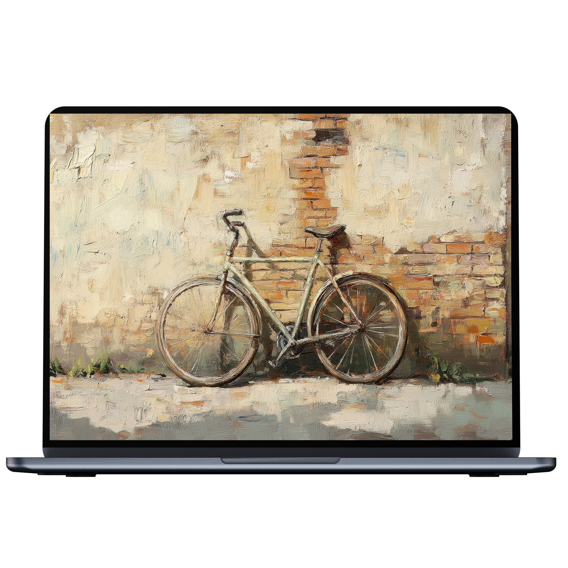 Urban art desktop wallpaper featuring a serene vintage bike against a textured brick wall for inspiring PC and laptop digital download