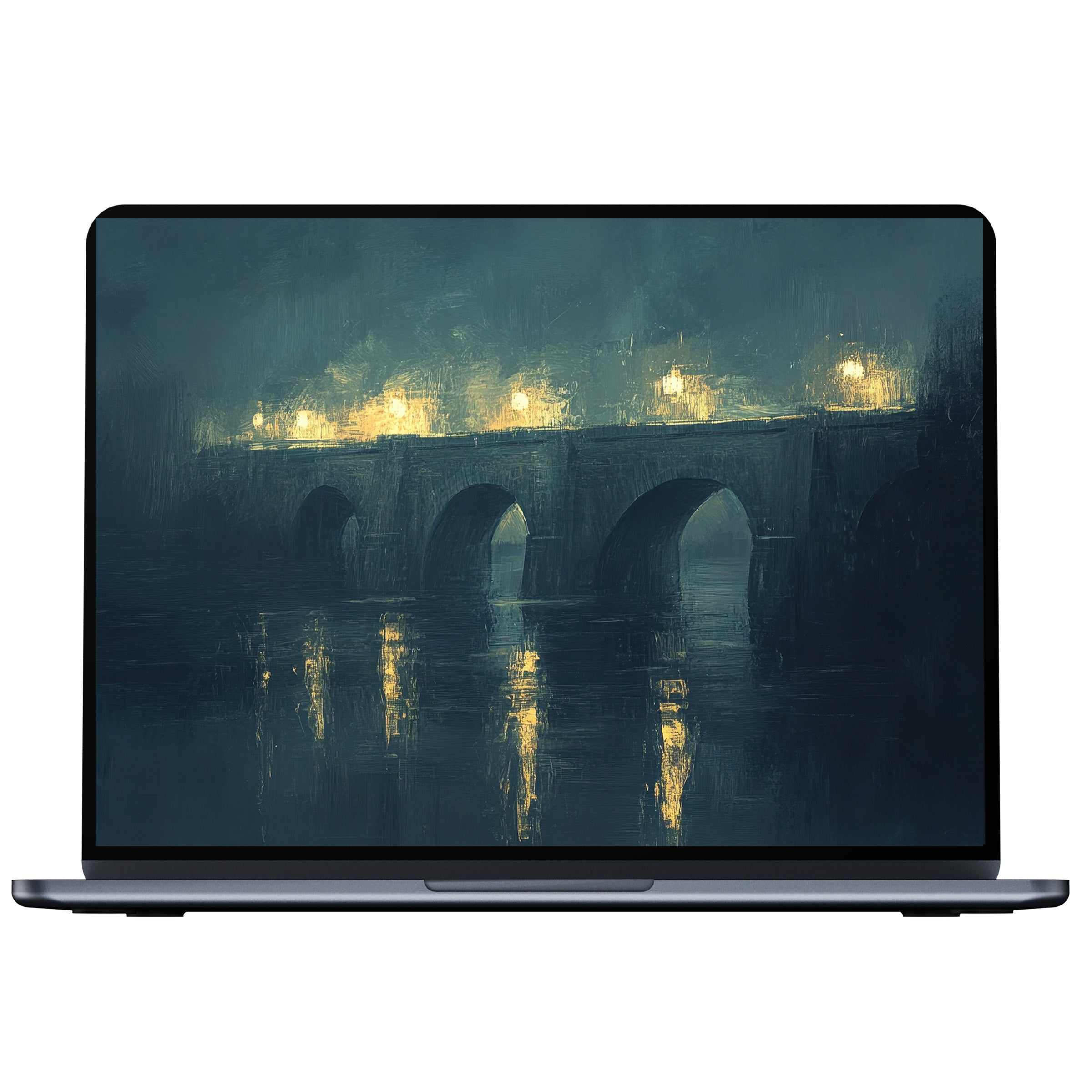 Urban art desktop wallpaper featuring a serene, illuminated bridge in moody hues for PC, laptop, or Mac digital download