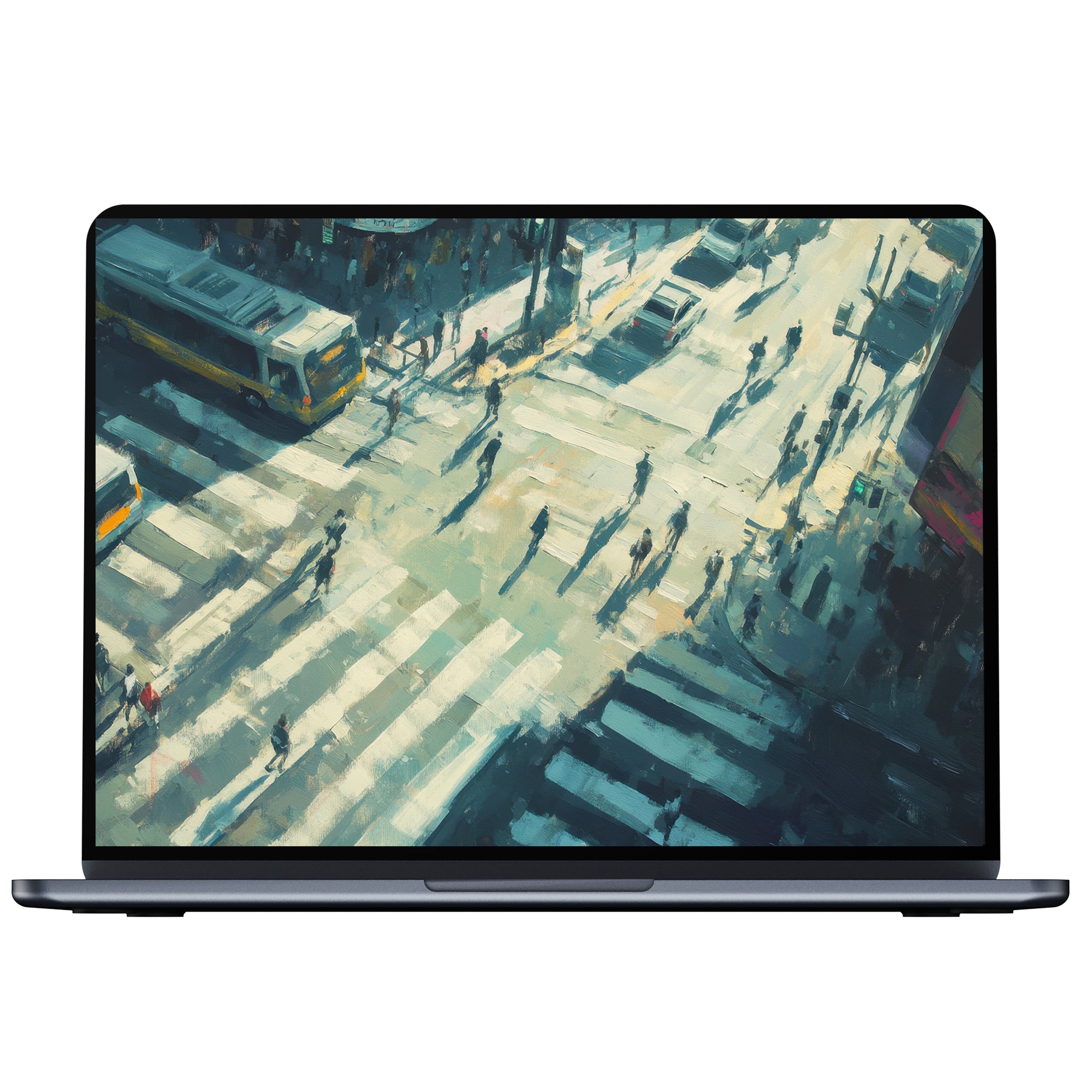 Urban art desktop wallpaper featuring a serene cityscape in soft blues and yellows enhances calm on PC, laptop, Mac digital download