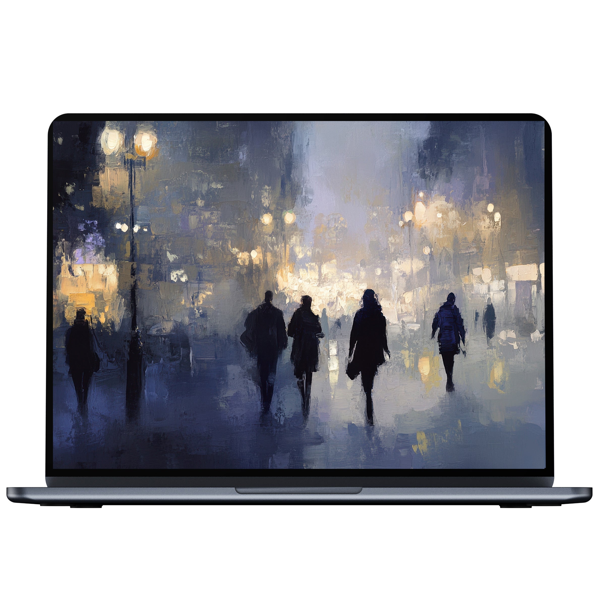 Elegant urban art desktop wallpaper capturing a serene night city scene in cool hues for pc and laptop digital download