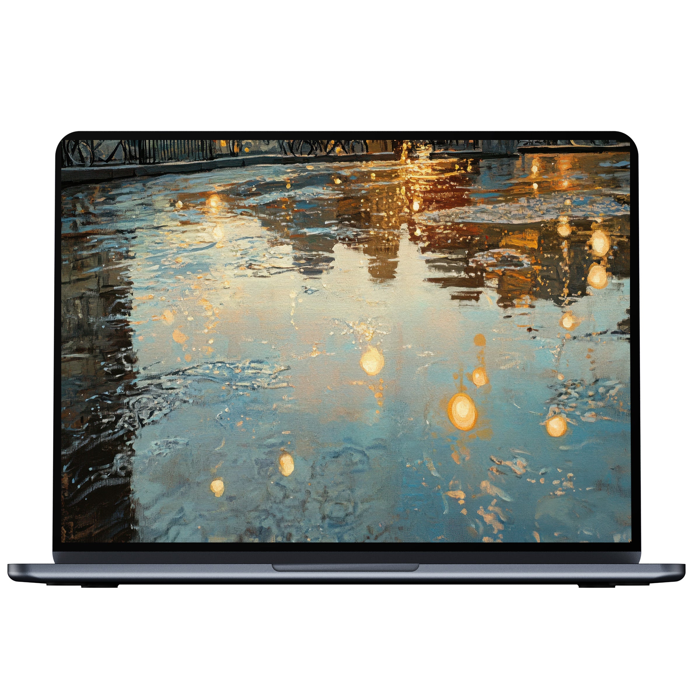 Urban art desktop wallpaper showcases glowing city lights reflecting on wet streets in an elegant digital download for PC or laptop