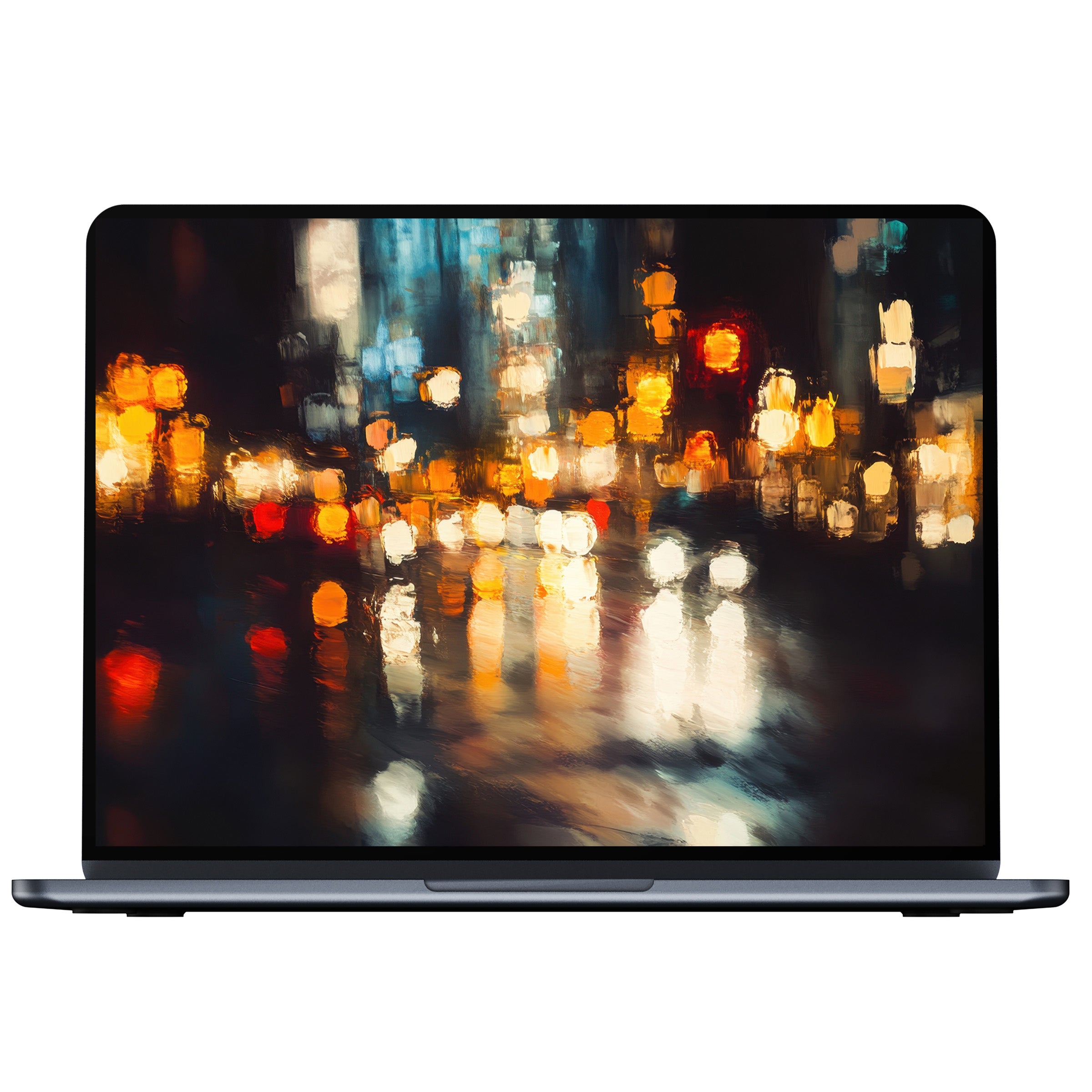 Vibrant urban art desktop wallpaper with blurred city lights, ideal digital download for PC and laptop, offering calm elegance