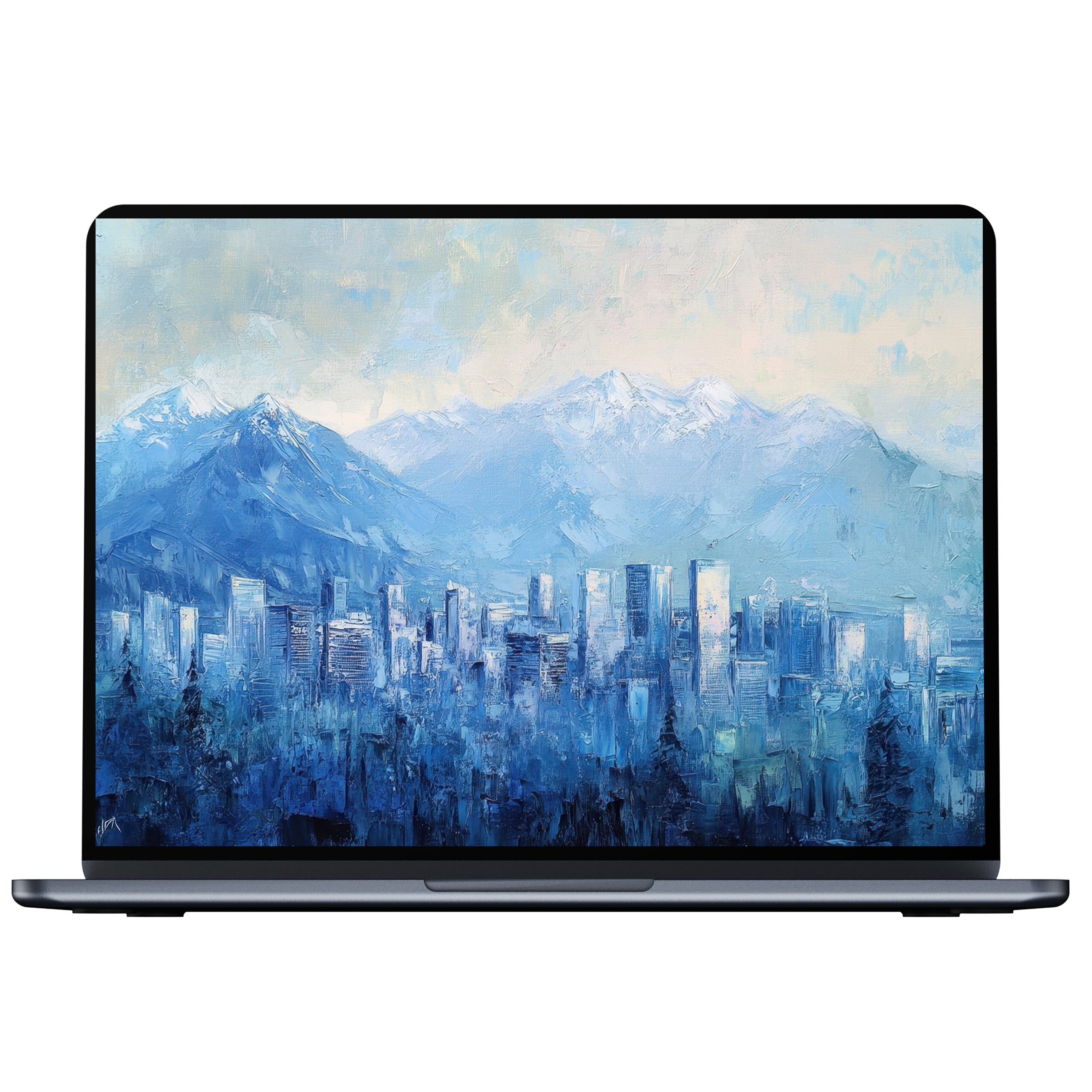Tranquil urban art desktop wallpaper in soothing blues, capturing a serene cityscape with mountains, perfect for PC, laptop digital download