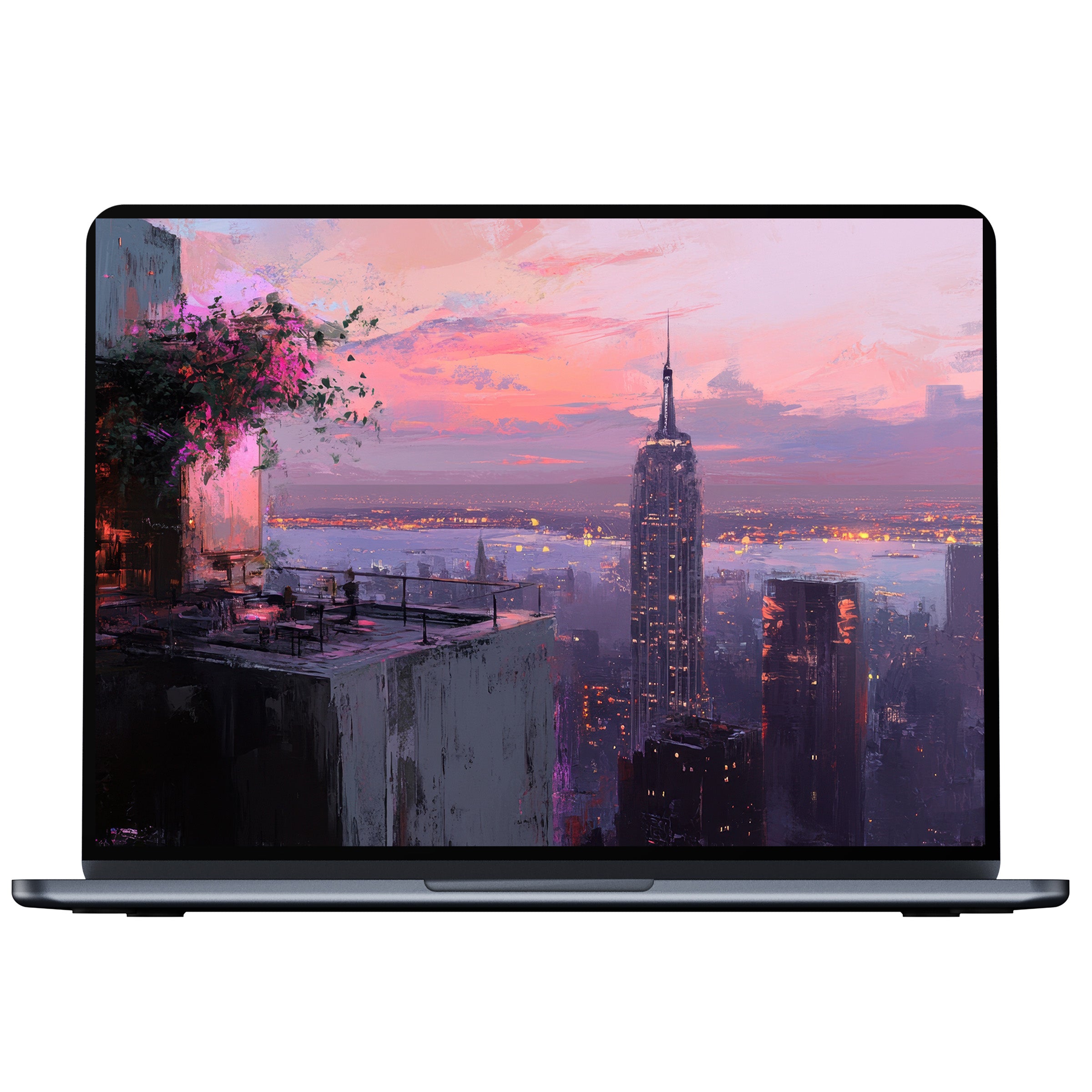 Urban art desktop wallpaper featuring a serene sunset over city skyline inspiring calm for digital download on PC, Laptop, Mac