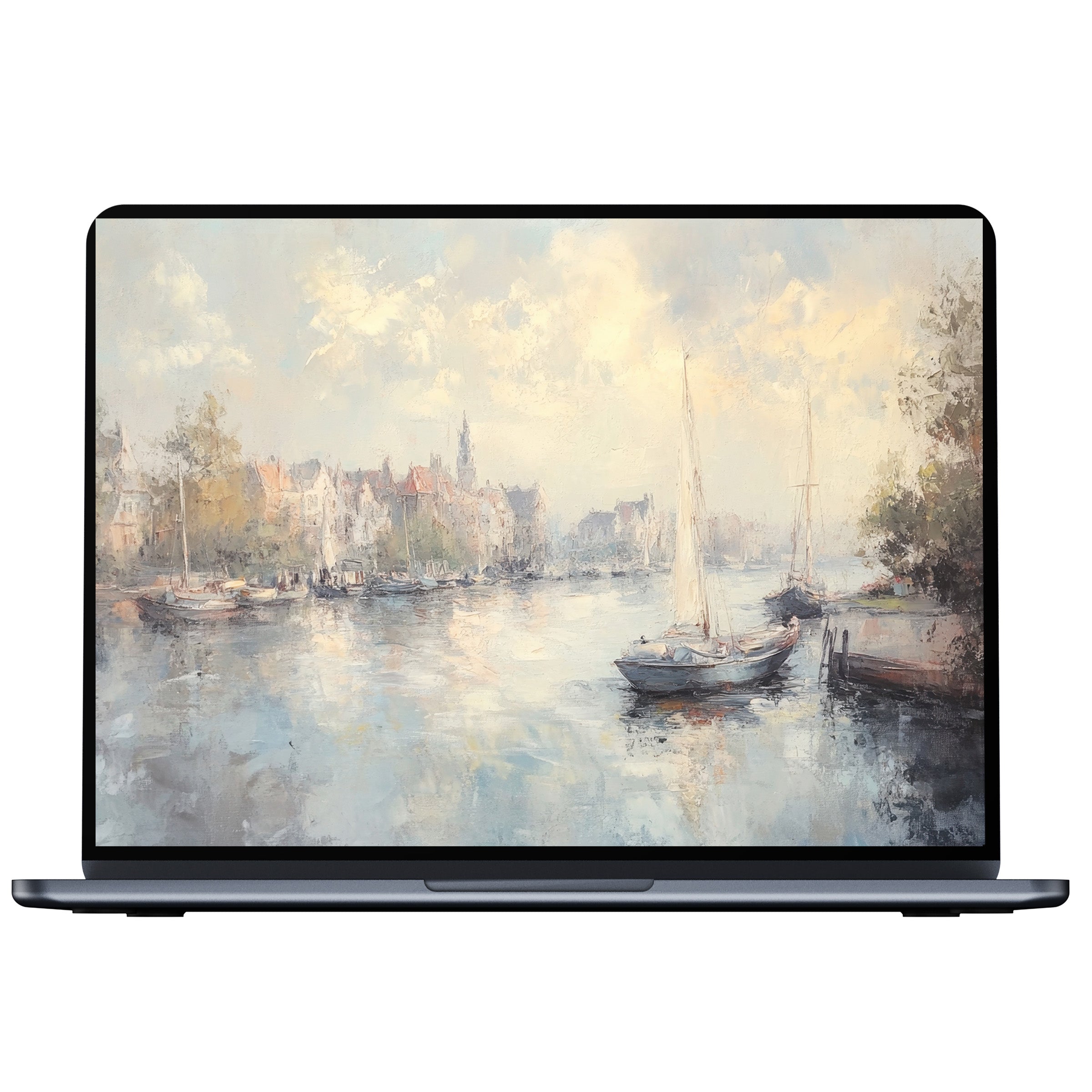 Elegant urban art desktop wallpaper featuring impressionist sailboats on a serene river for digital download suits PC and laptop