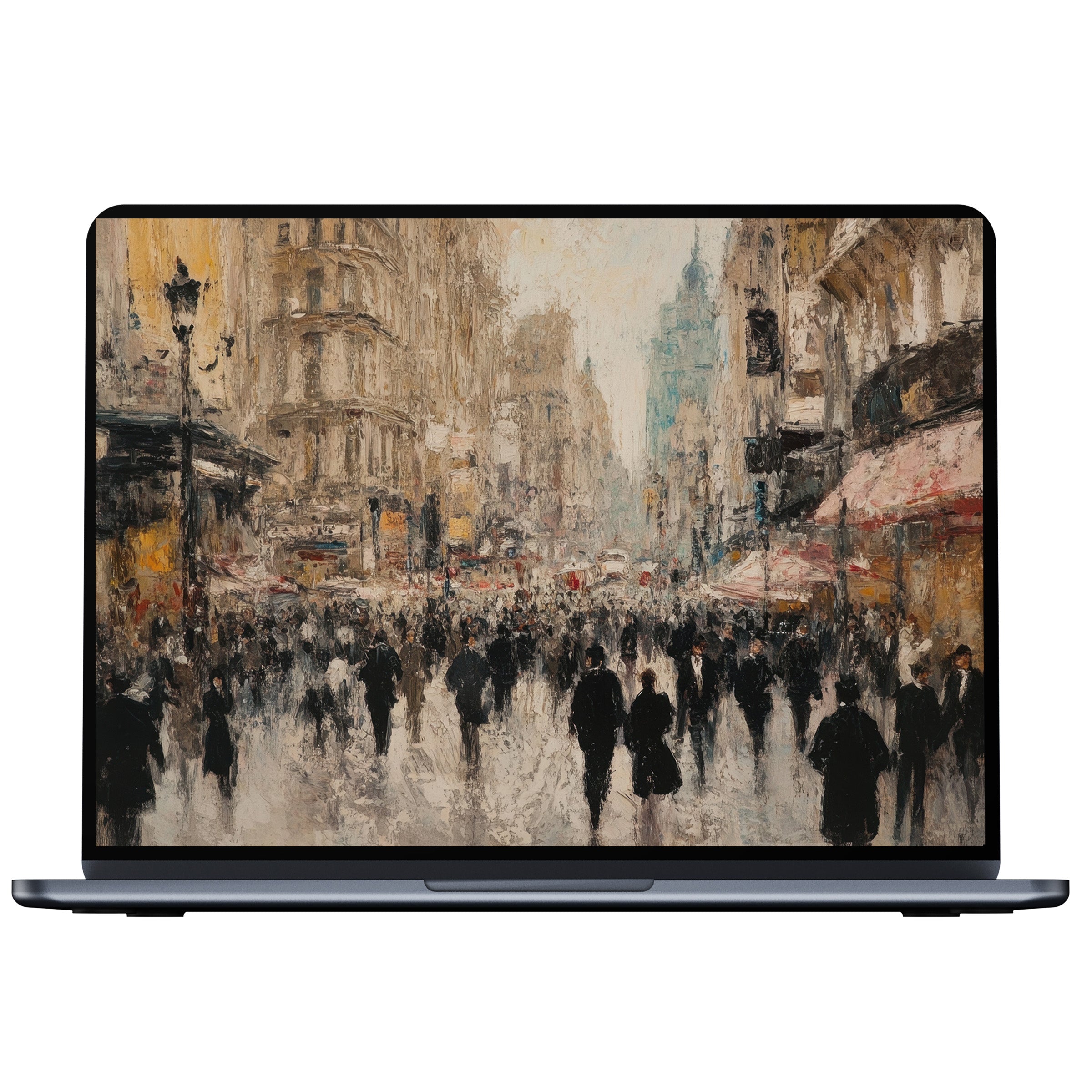 Urban art desktop wallpaper captures bustling city life with textured elegance for a serene digital download on PC or laptop screens