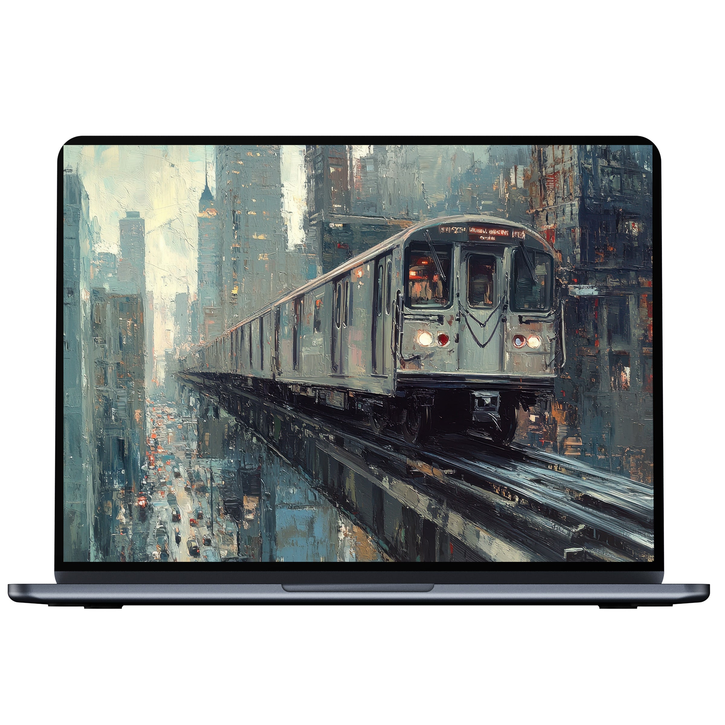 Urban art desktop wallpaper with textured train in a cityscape offers a calm, inspiring digital download for PC or laptop