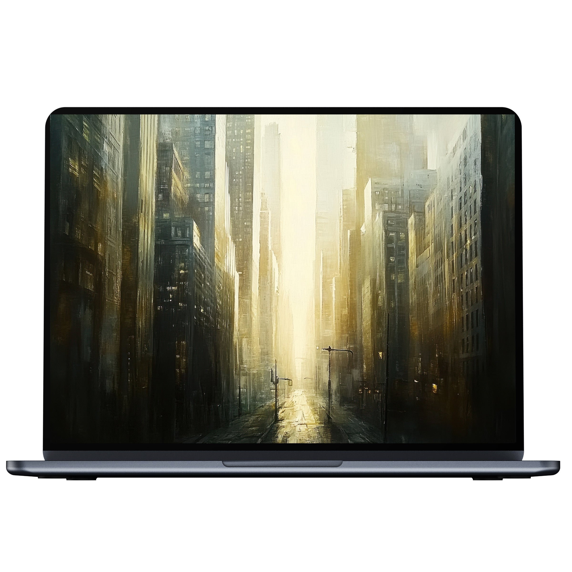 Urban art desktop wallpaper featuring serene cityscape bathed in warm light, offering calm inspiration for PC, laptop, digital download