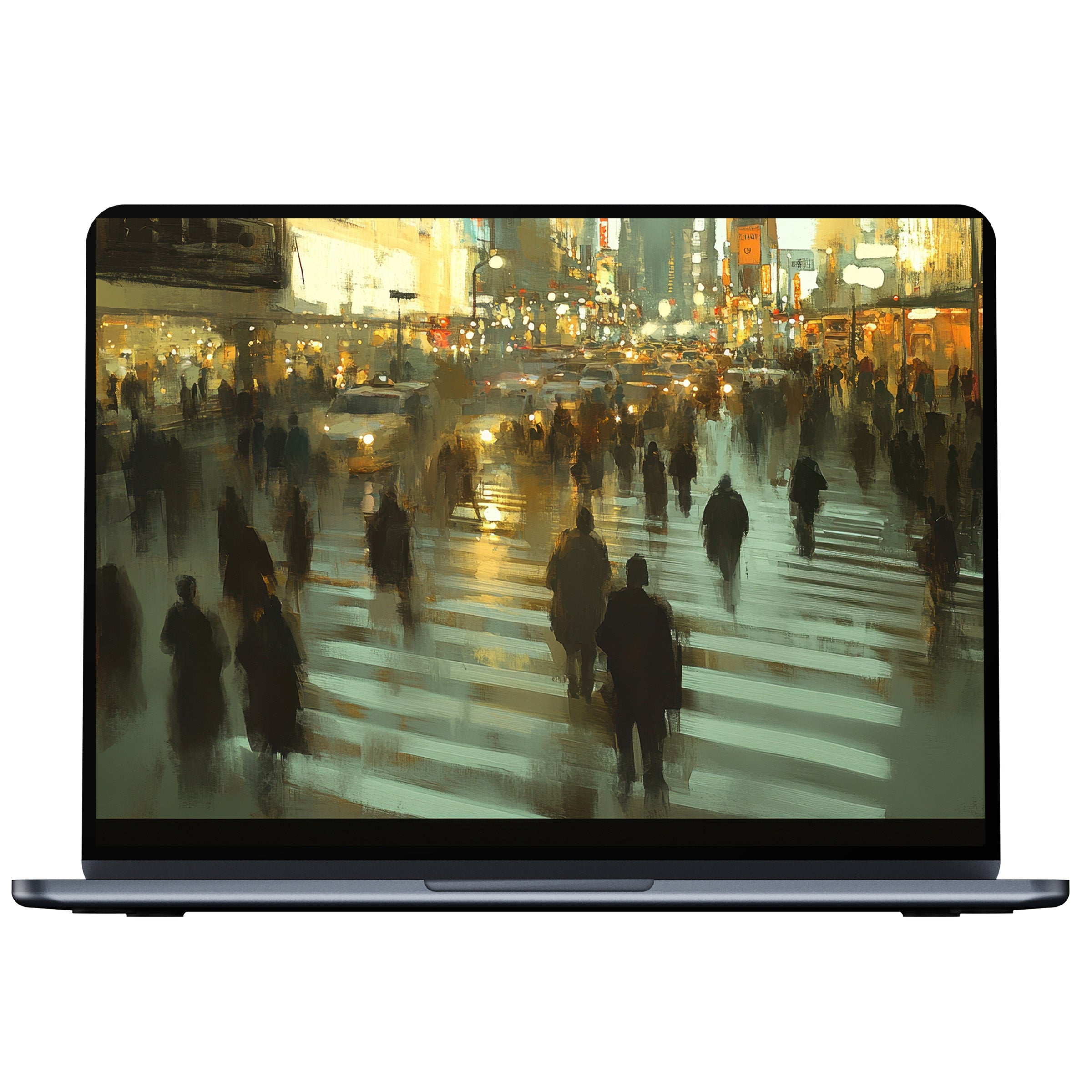 Urban art desktop wallpaper with serene cityscape painting, perfect digital download for PC, laptop, or Mac, inspiring mindfulness