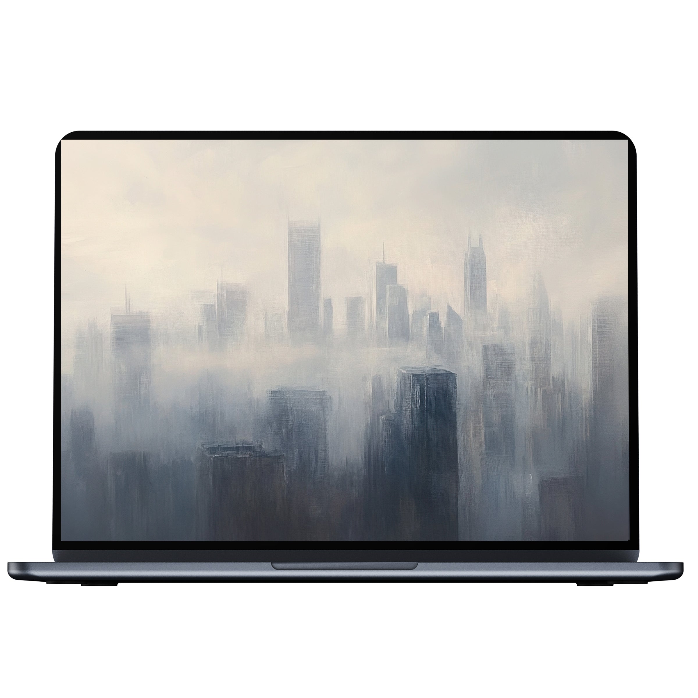 Misty urban art desktop wallpaper in calming grey tones offers elegant digital download for PC, laptop, and Mac inspiration