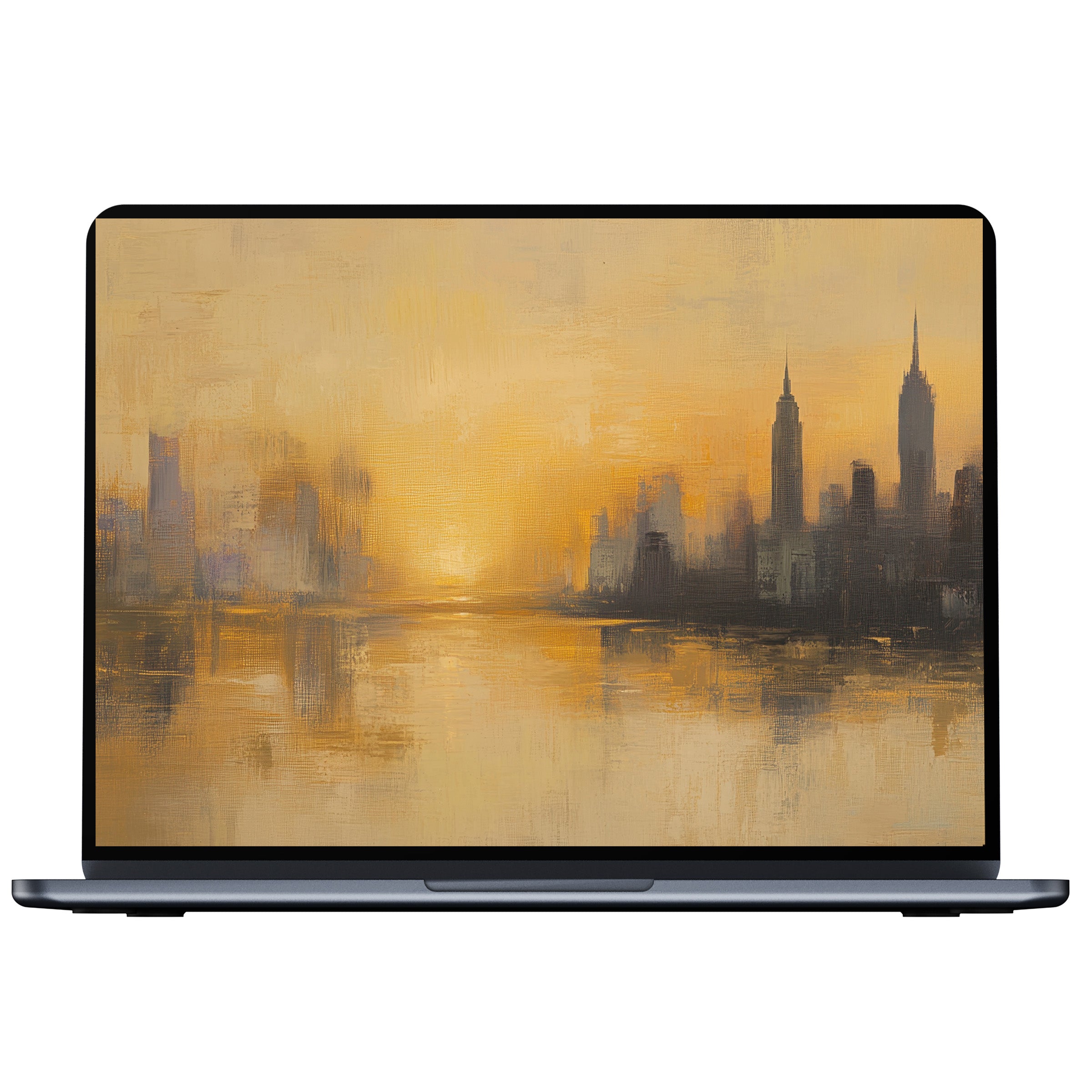 Urban art desktop wallpaper featuring a calming sunset cityscape with warm tones and textures for PC and laptop digital download