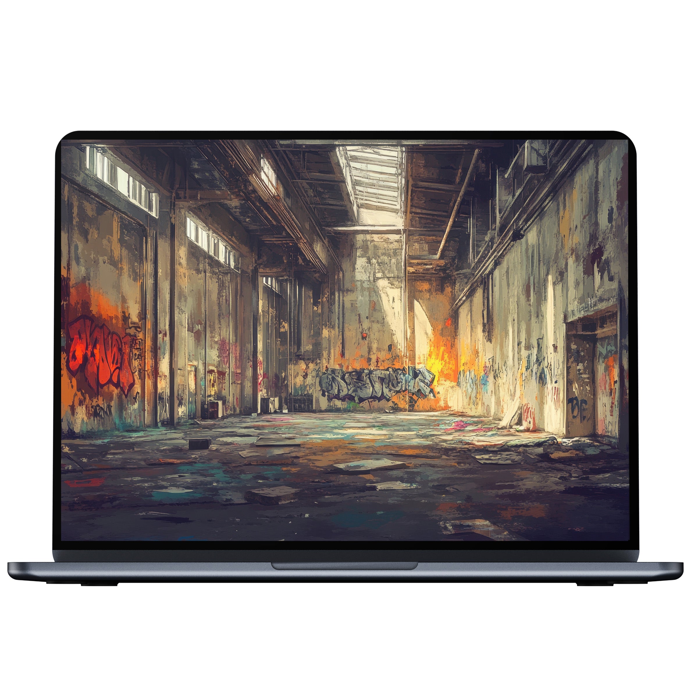 Urban art desktop wallpaper featuring vibrant graffiti in an industrial space adding elegance and calm to any PC or laptop display