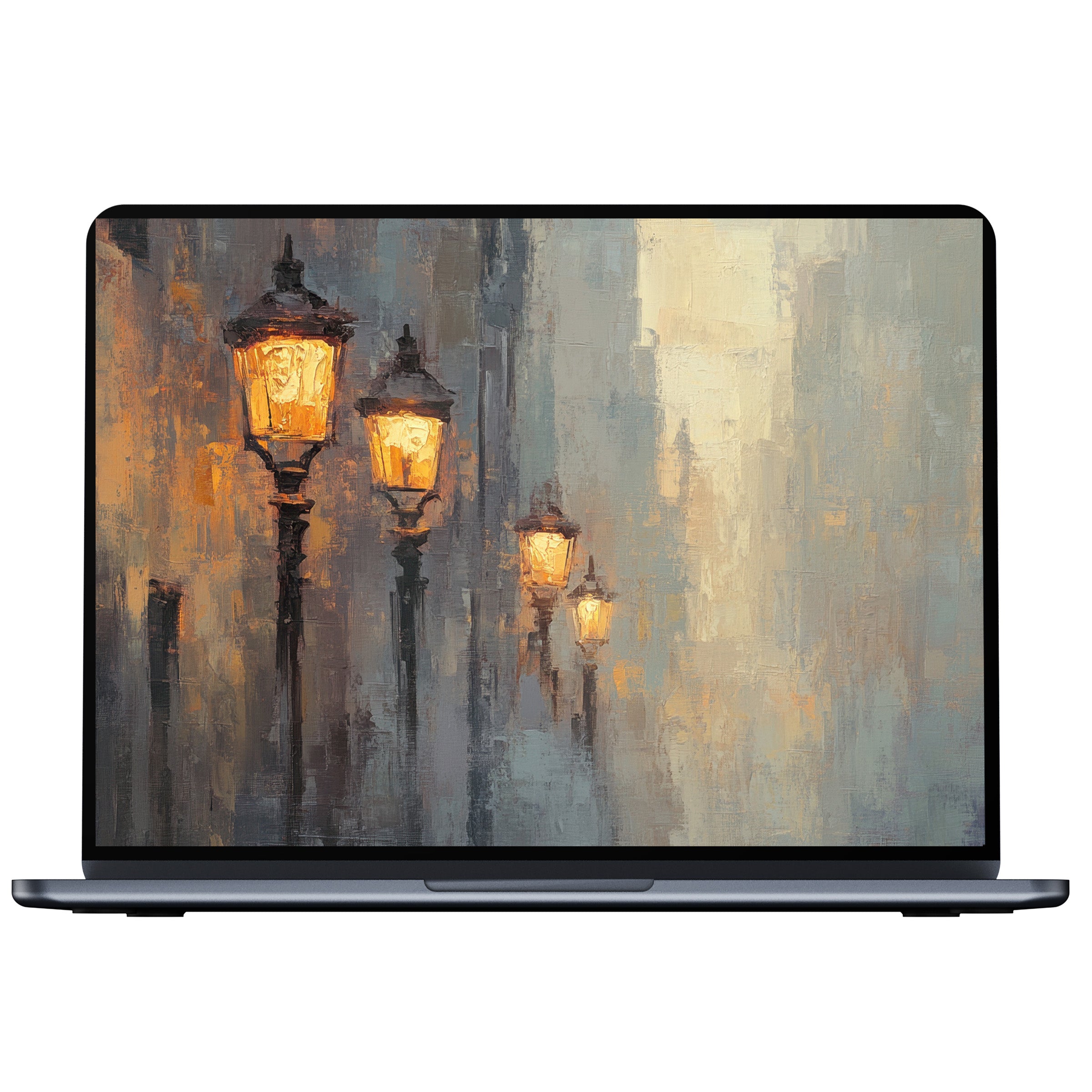 Urban art desktop wallpaper in a serene digital download features glowing streetlights on textured canvas for PC and laptop décor