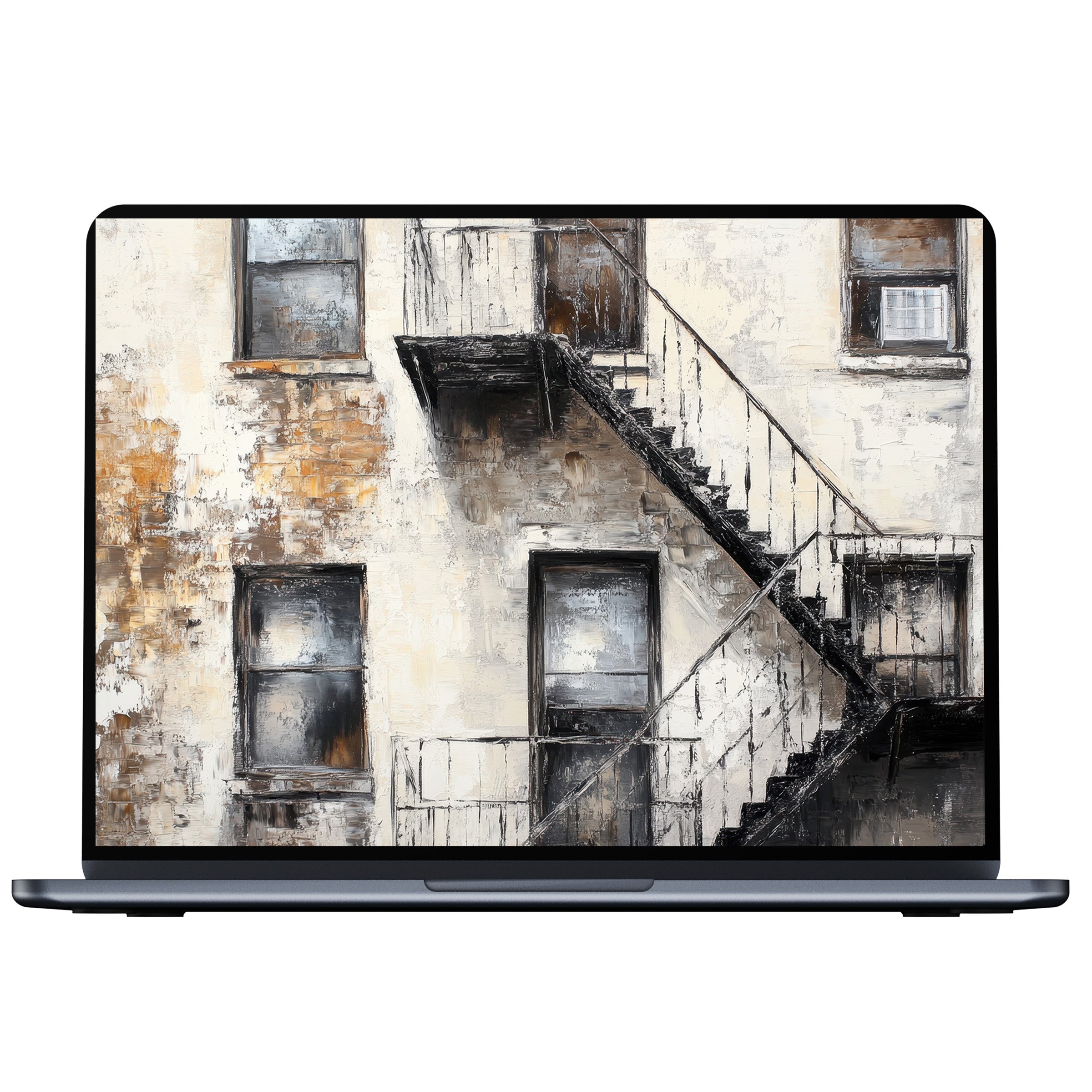 Urban art desktop wallpaper featuring textured fire escape on rustic building evokes calm, fits digital download for PC, Laptop Mac