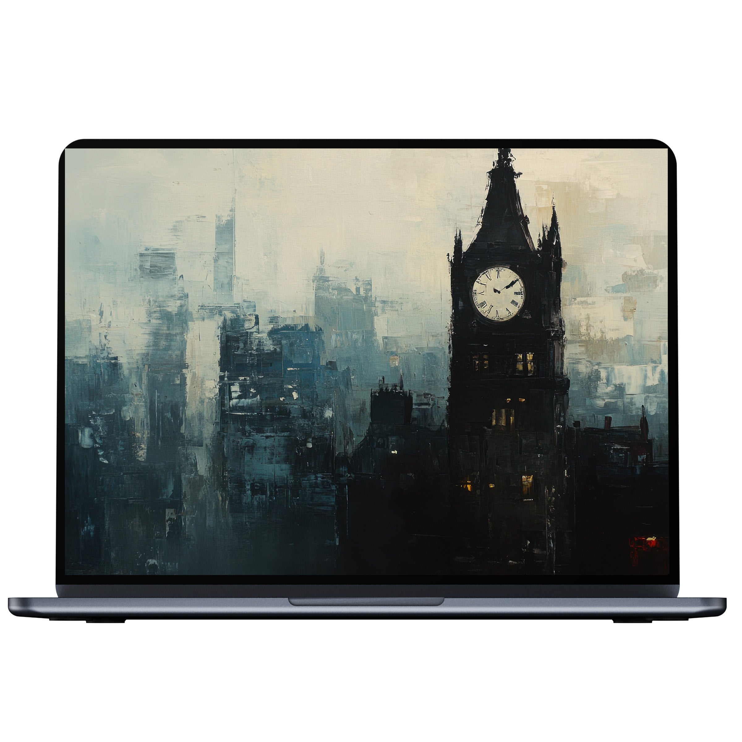 Urban art desktop wallpaper featuring a moody cityscape with clock tower, perfect digital download for PC and laptop serenity