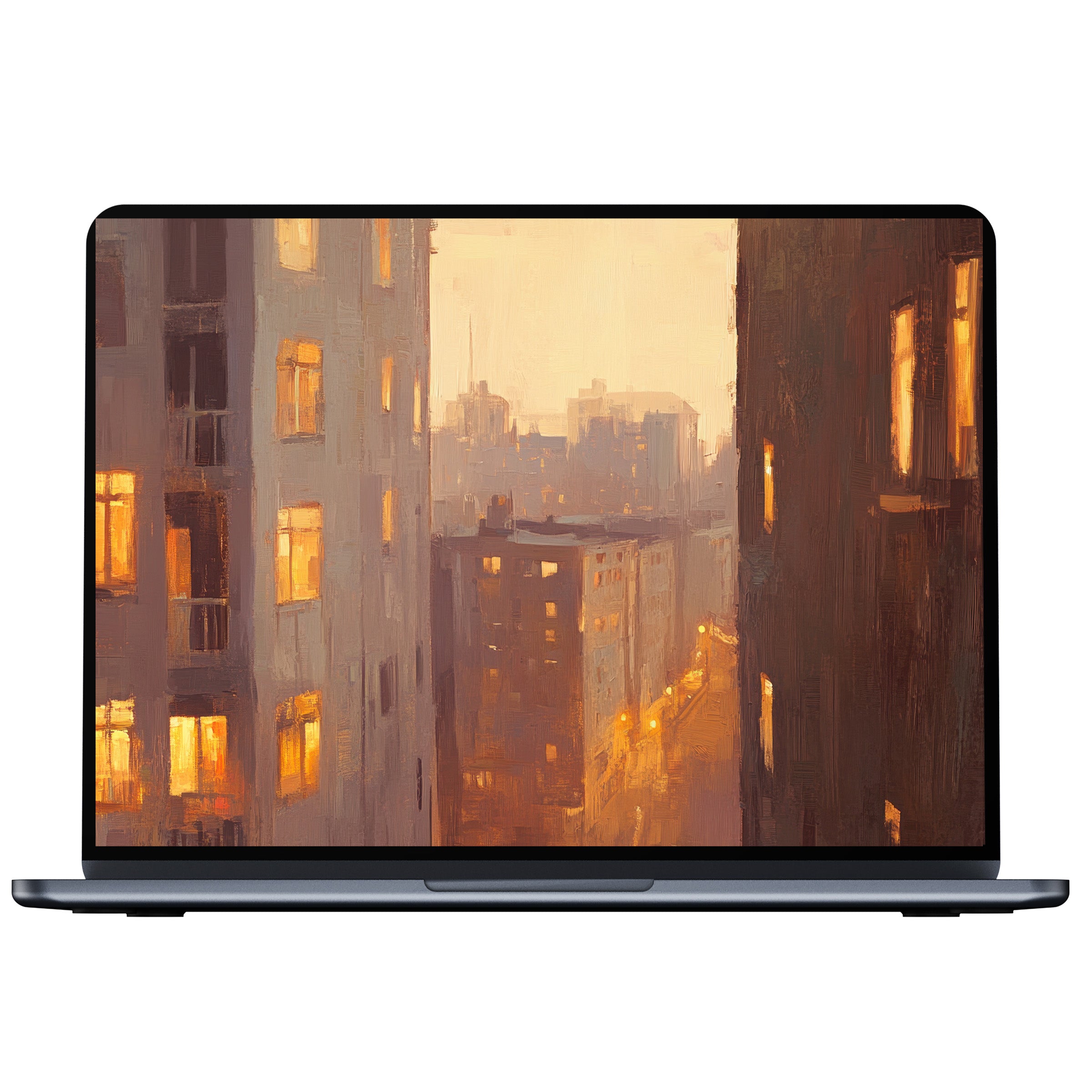 Golden-hued urban art desktop wallpaper showcasing a serene cityscape for PC and laptop digital download fostering inspiration