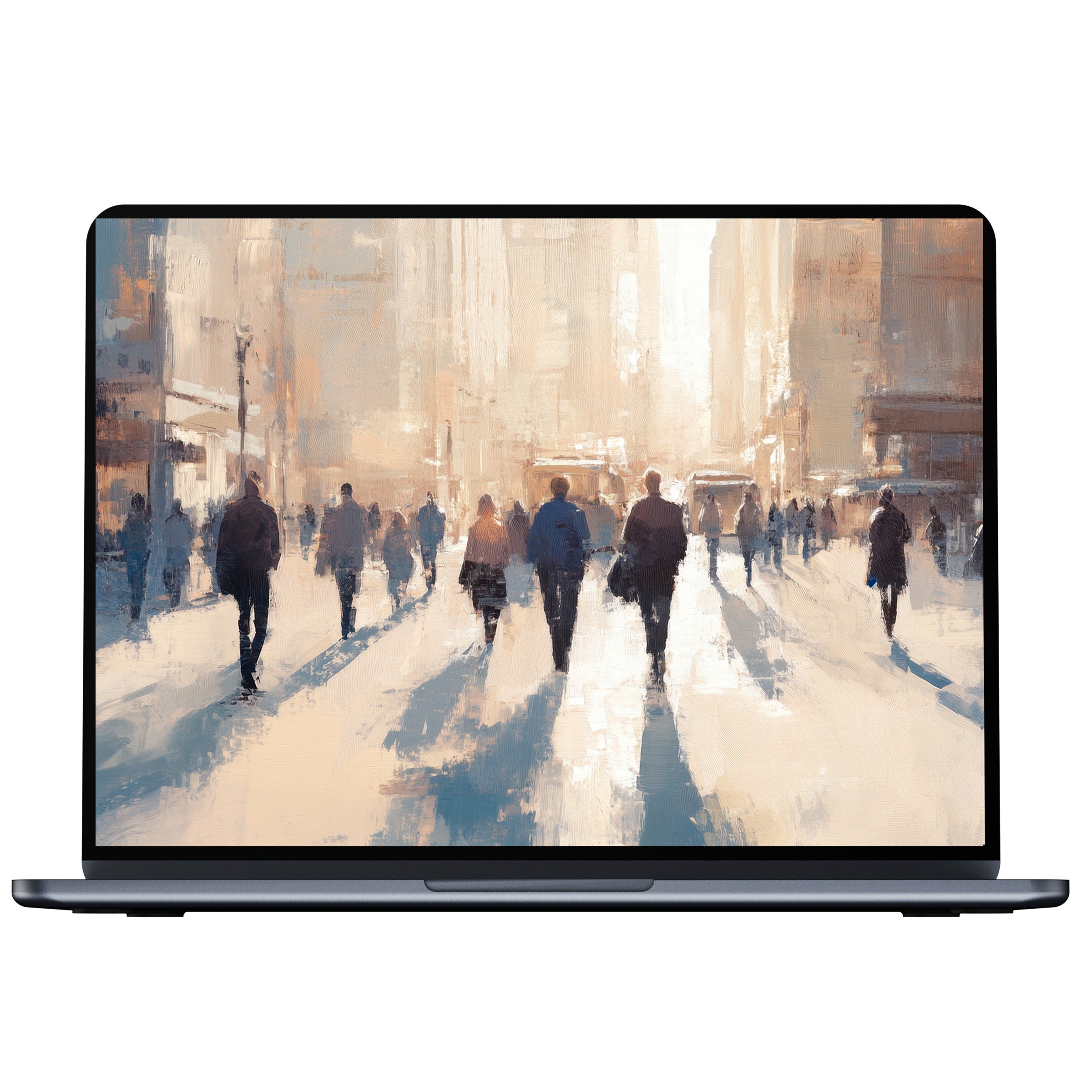 Urban art desktop wallpaper with a serene cityscape in soft pastels, offering calm inspiration for PC, laptop, Mac digital download