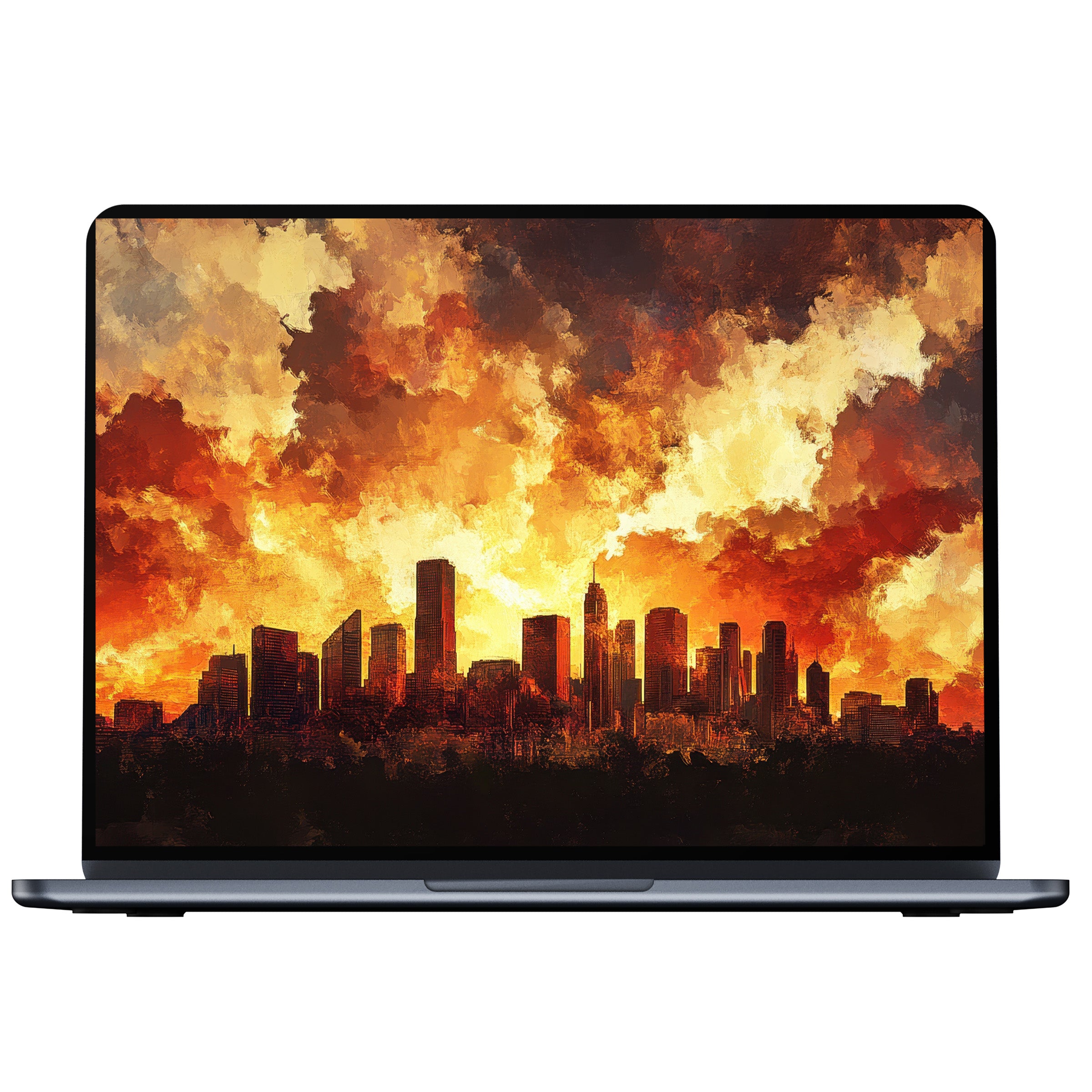 Urban art desktop wallpaper with fiery sunset cityscape in vibrant orange hues for digital download inspiring elegance on PC or laptop