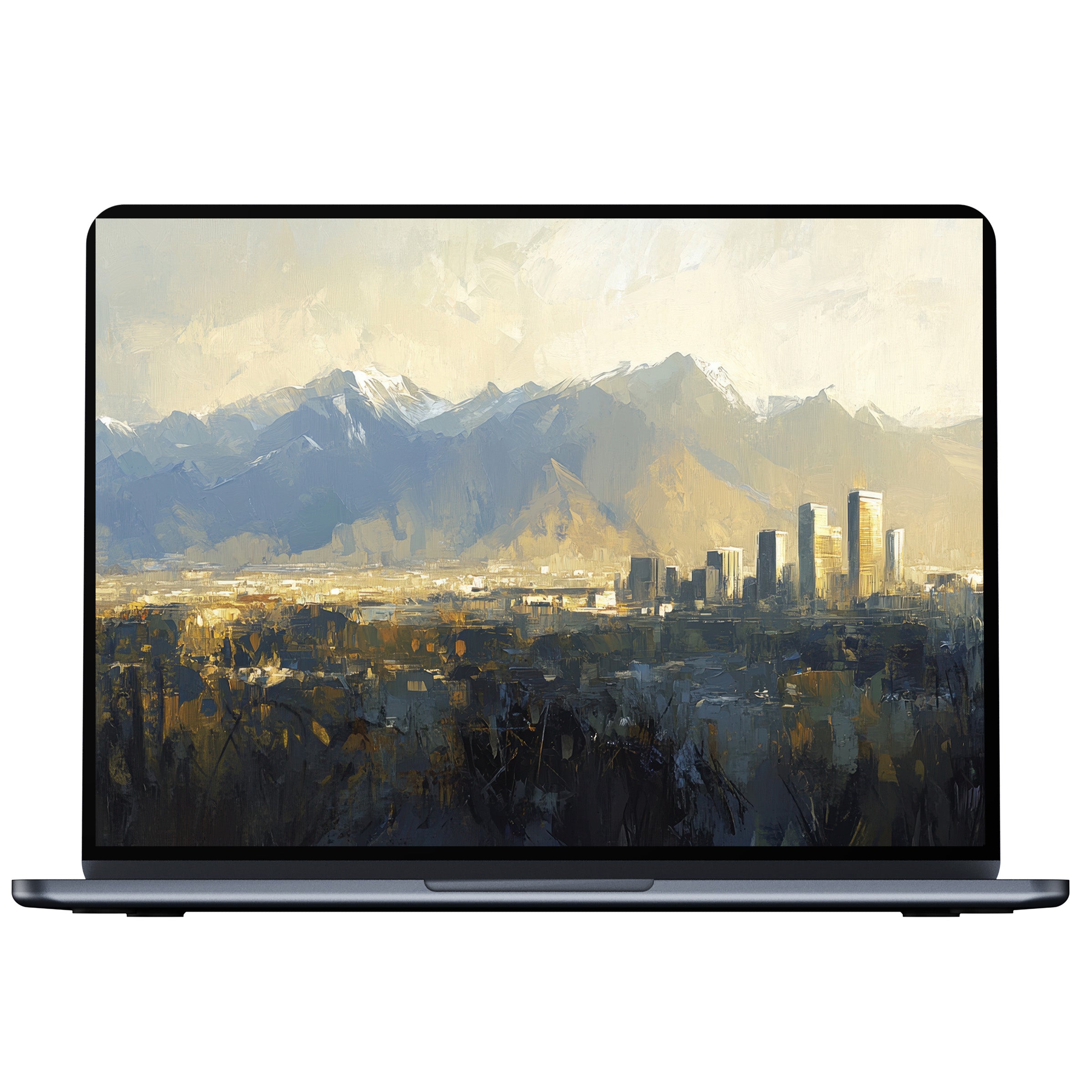Urban art desktop wallpaper featuring a serene mountain skyline with warm hues in digital download for PC and laptop users