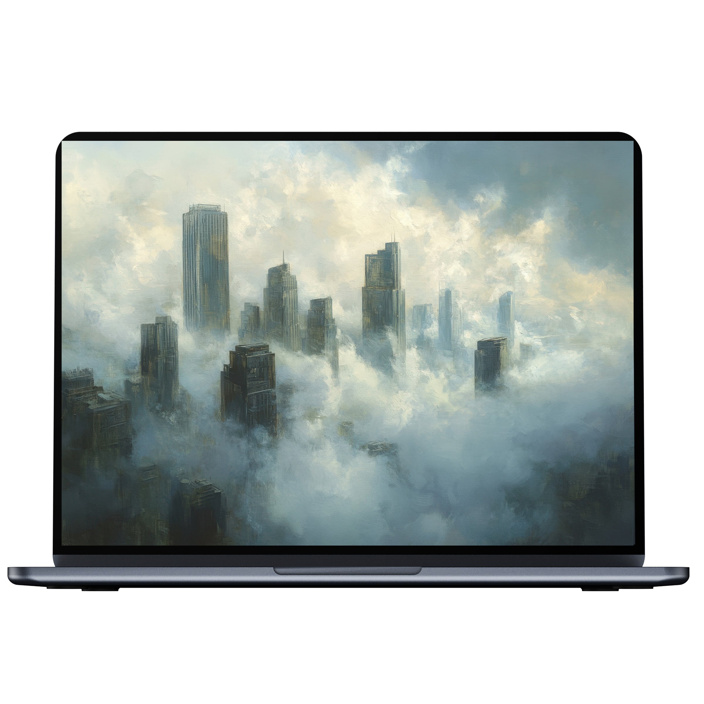 Ethereal urban art desktop wallpaper featuring misty skyscrapers, exuding calm and inspiration perfect for PC or laptop digital download