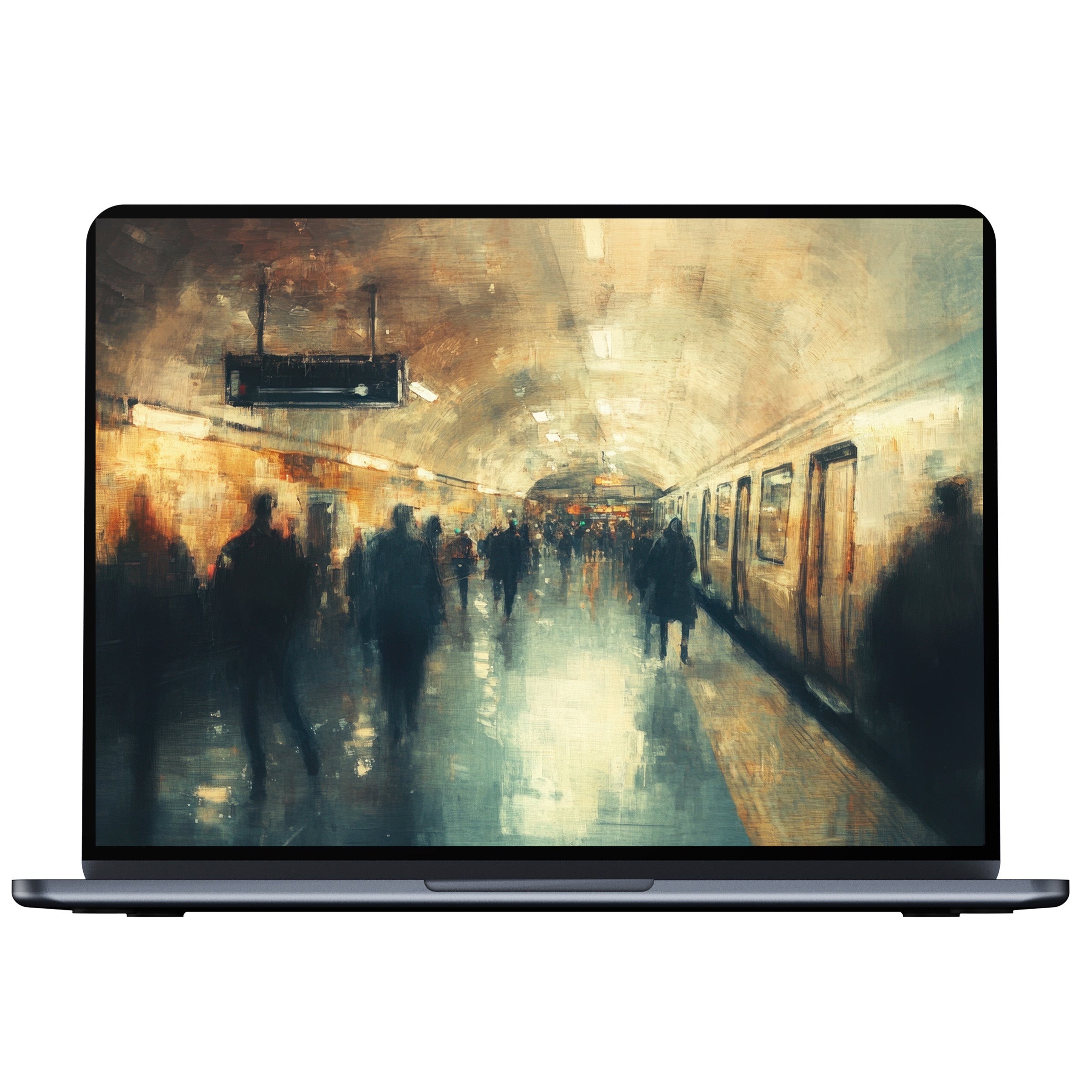Urban art desktop wallpaper digital download with blurred subway scene in warm tones evokes calm and fits PC, Laptop, Mac