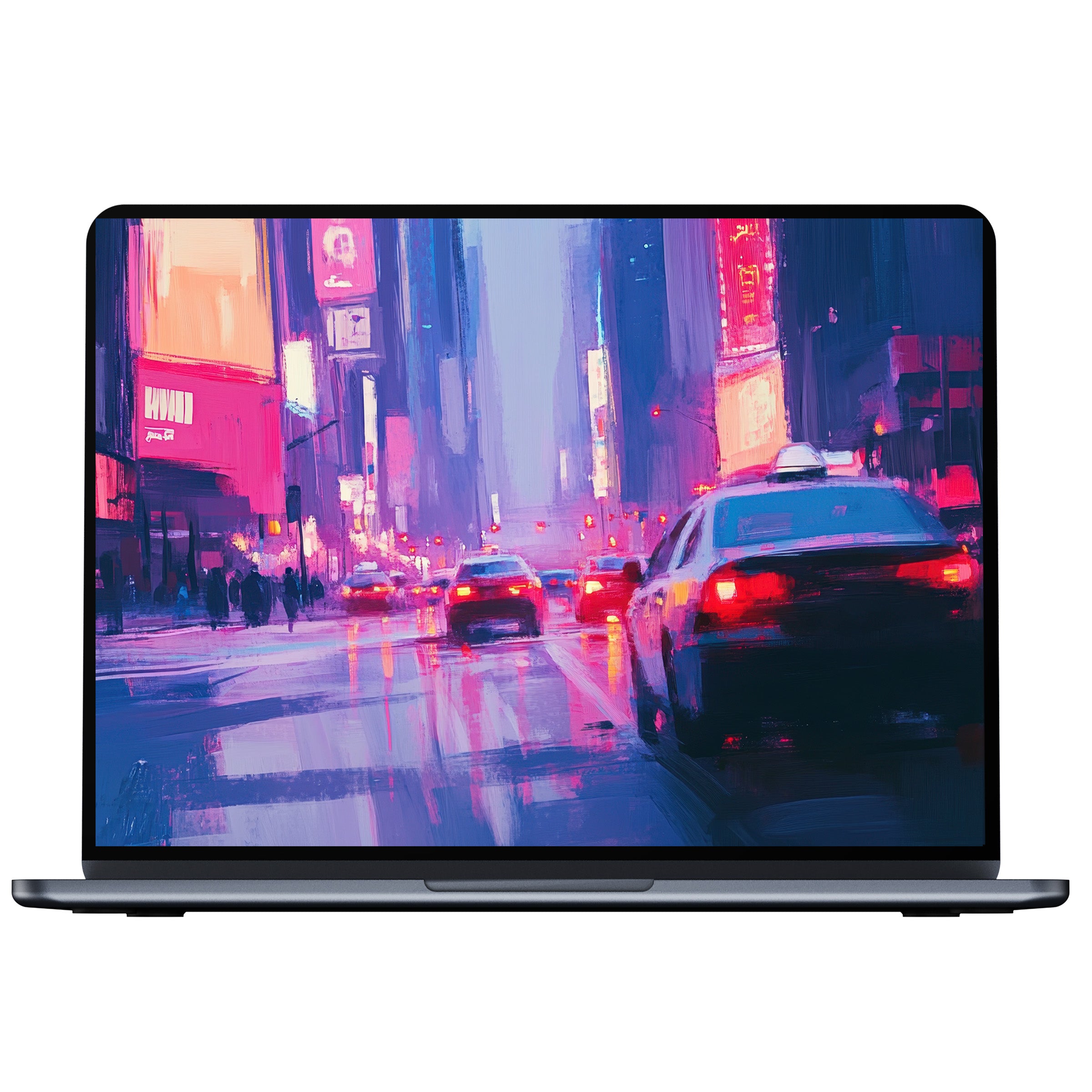 Urban art desktop wallpaper featuring vibrant neon cityscape in pinks and blues digital download for PC and laptop elegance