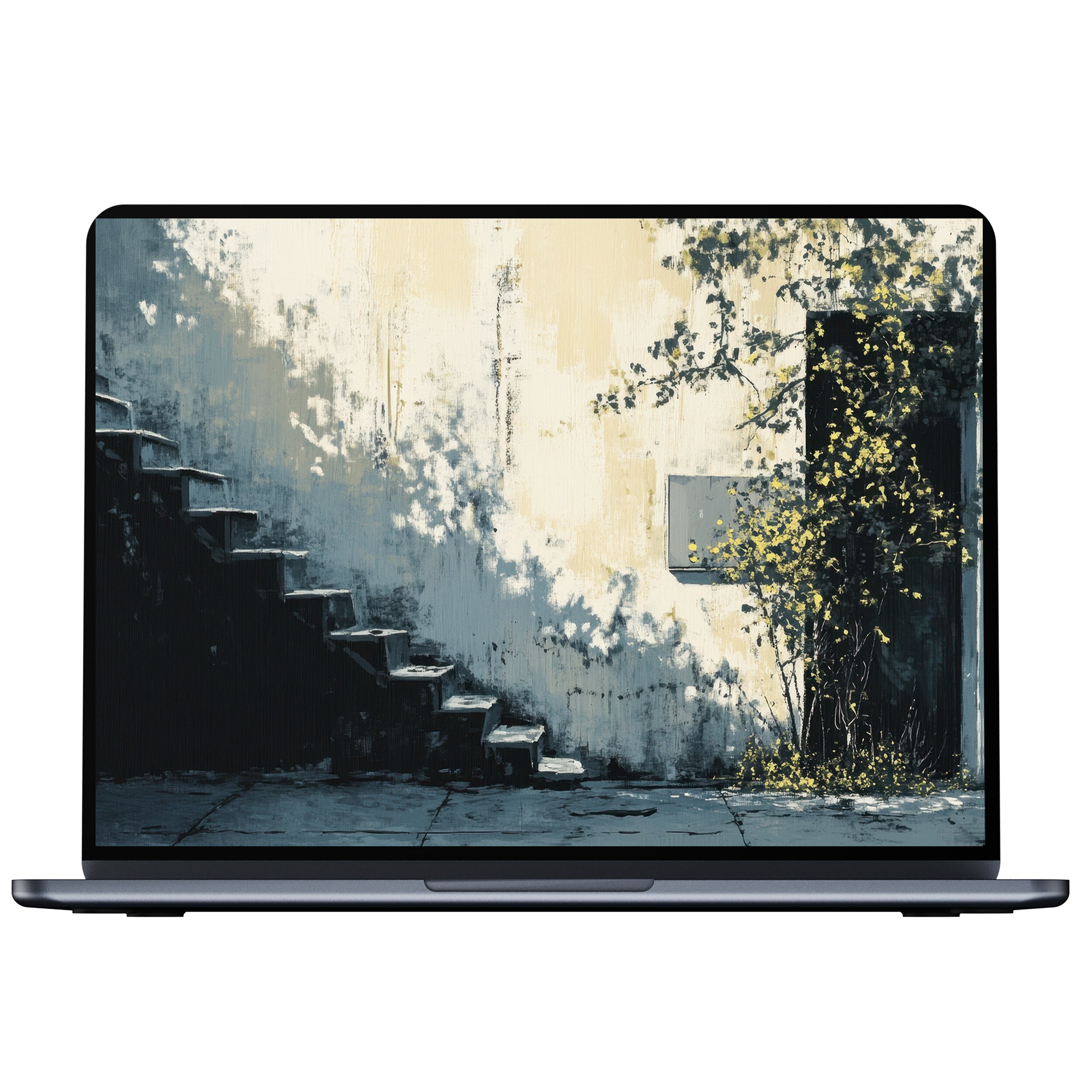 Urban art desktop wallpaper digital download features a serene stairway scene with textured shadows and foliage for PC or laptop users