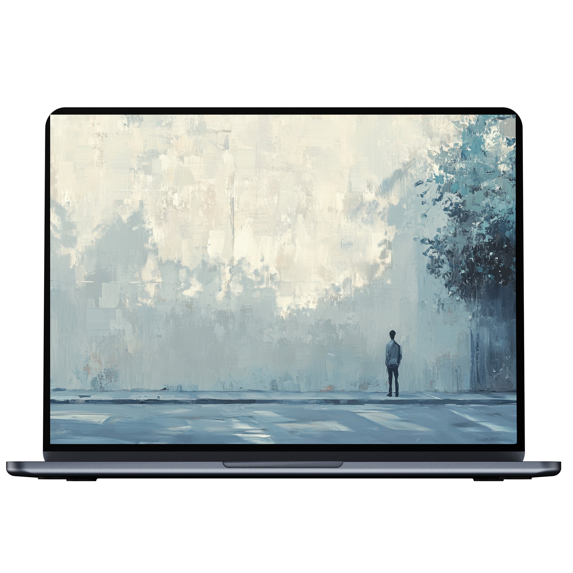 Serene urban art desktop wallpaper portraying a lone figure under a muted sky, digital download for elegant PC and laptop display