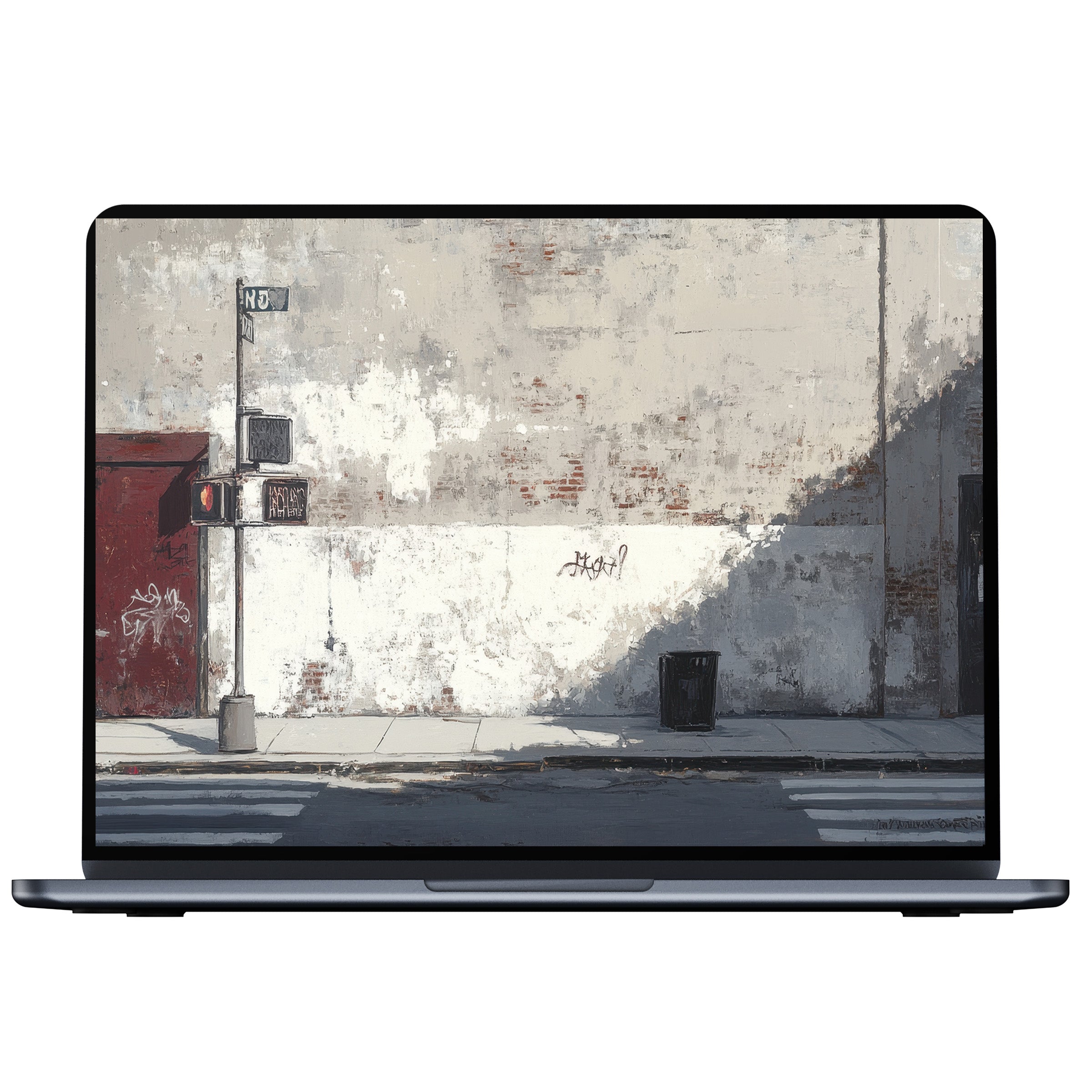 Urban art desktop wallpaper exhibits a serene street scene with textured walls, ideal for digital download on PC and laptop use