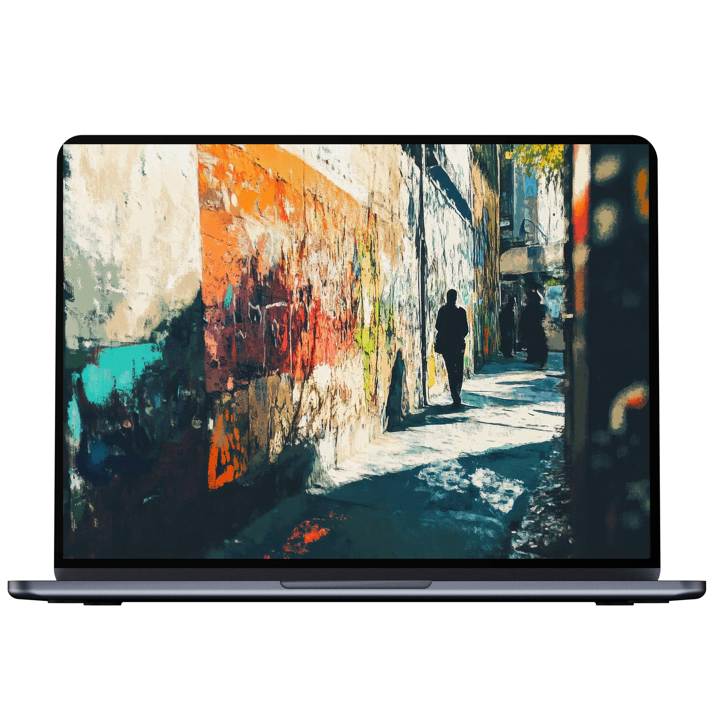 Urban art desktop wallpaper features vibrant graffiti alley, perfect for a calm, inspiring digital download for PC and laptop users
