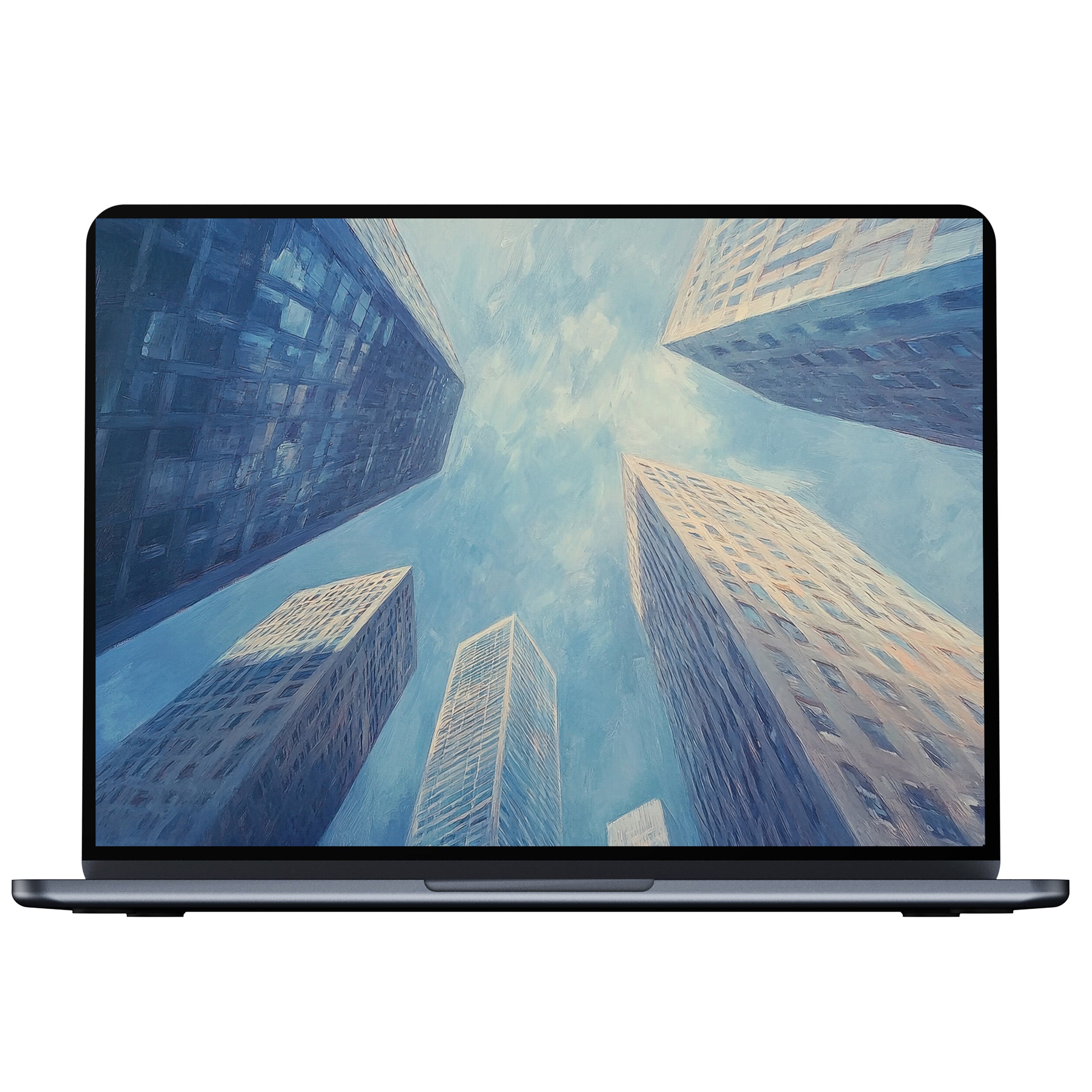 Urban art desktop wallpaper featuring towering cityscape in soothing blues for digital download inspires calm for PC or laptop use