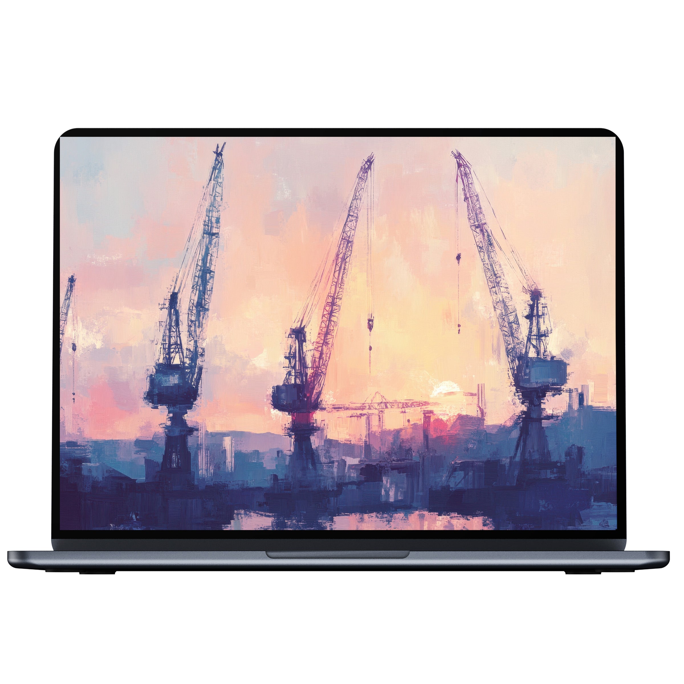 Inspiring urban art desktop wallpaper featuring serene cranes at sunset in warm pastel colors ideal for digital download on PC and laptop