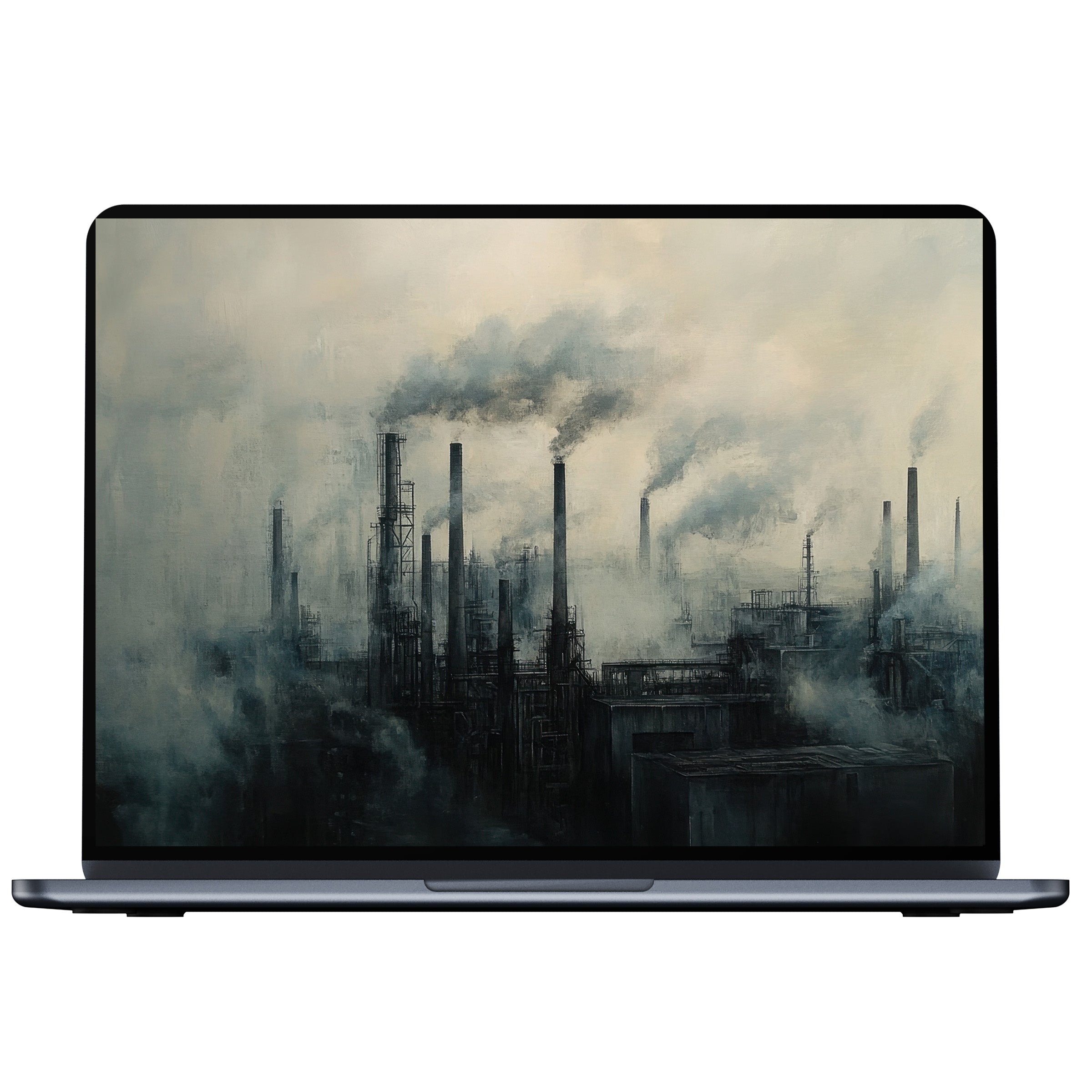Misty urban art desktop wallpaper offers calm elegance, perfect digital download for PC and laptop, inspiring industrial serenity