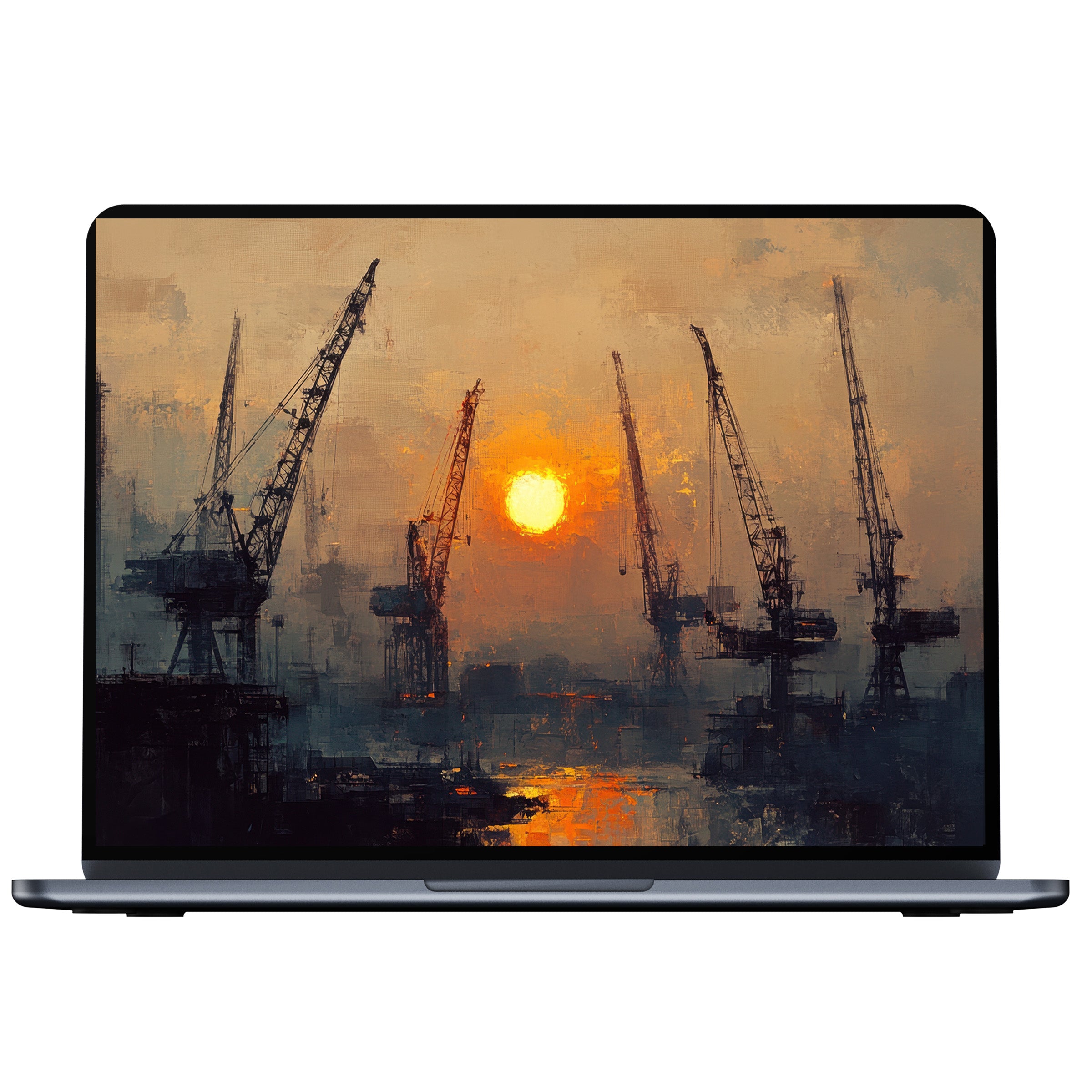 Urban art desktop wallpaper showcasing industrial cranes at sunset, an inspiring digital download for PC, laptop, or Mac users