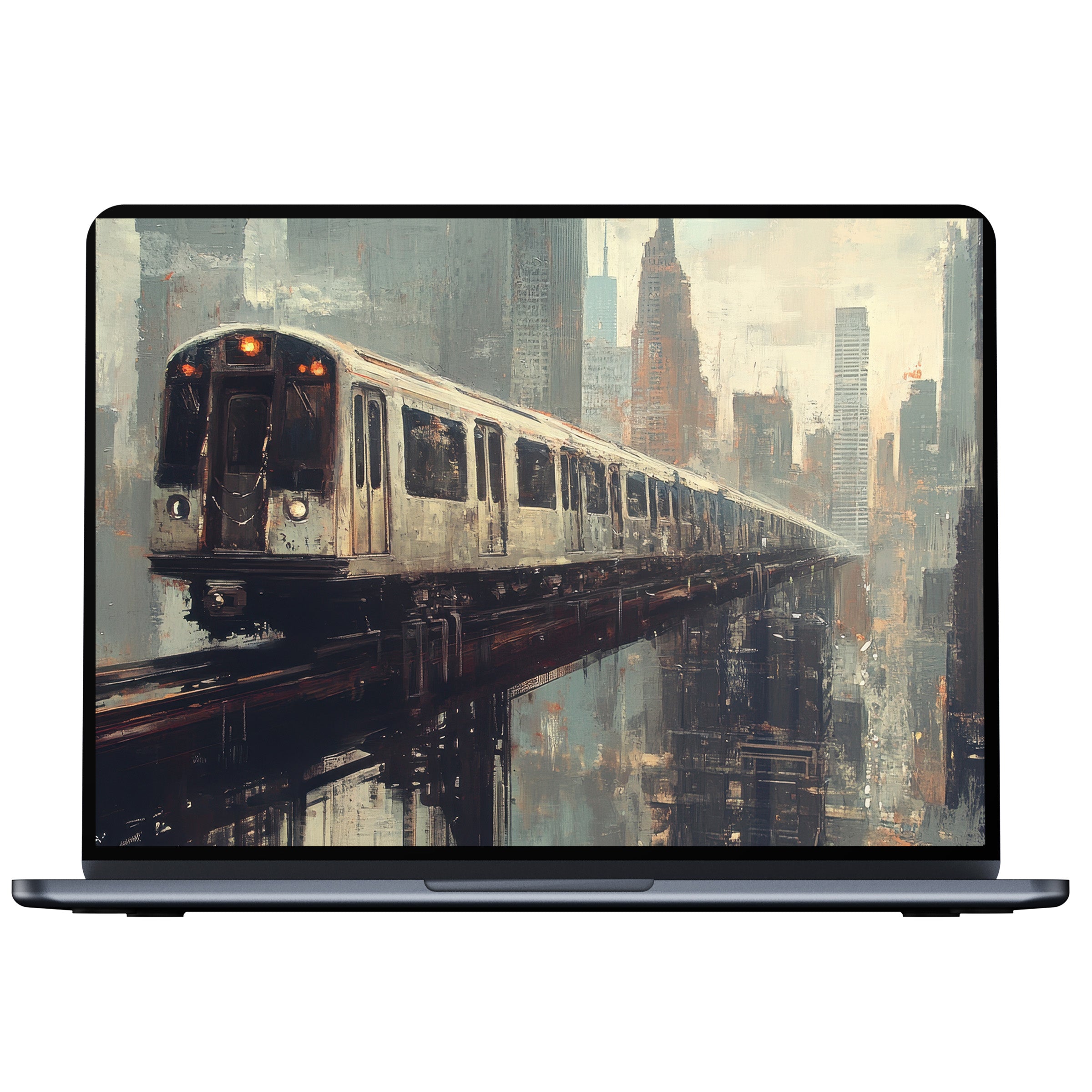 Urban art desktop wallpaper digital download featuring a train in a serene cityscape watercolor style, perfect for PC or laptop