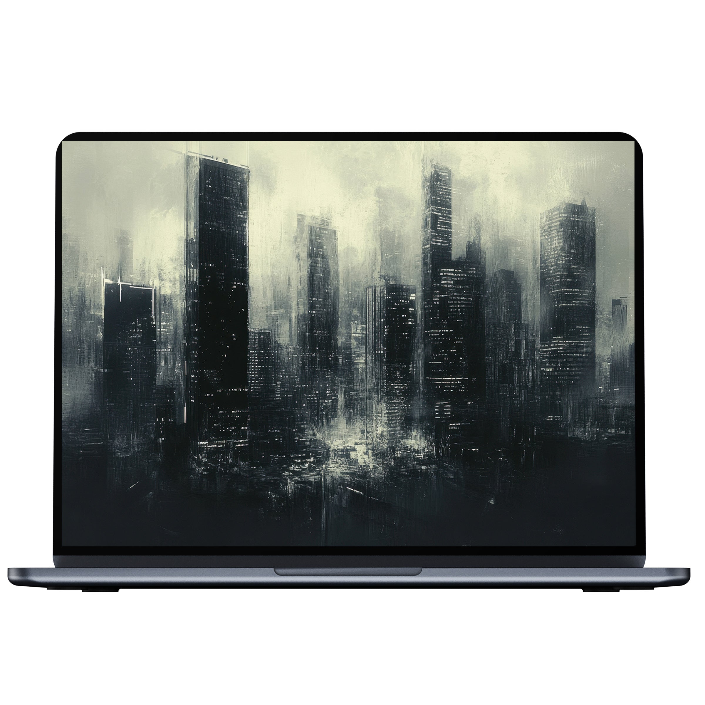 Urban art desktop wallpaper with misty skyscraper skyline in grayscale for PC, laptop, and Mac digital download inspires elegance