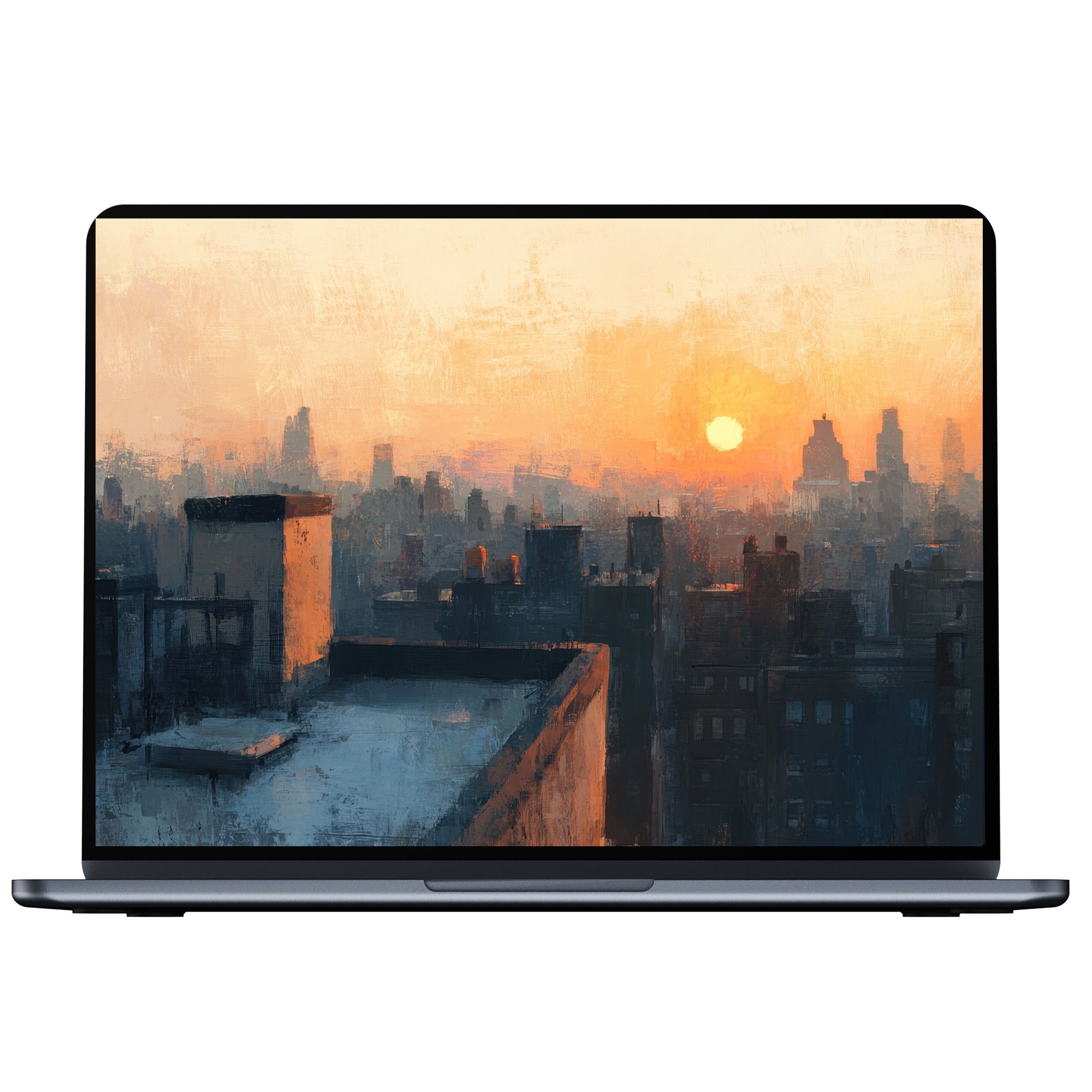 Urban art desktop wallpaper showcasing a serene, textured sunrise over a cityscape, perfect for PC or laptop digital downloads