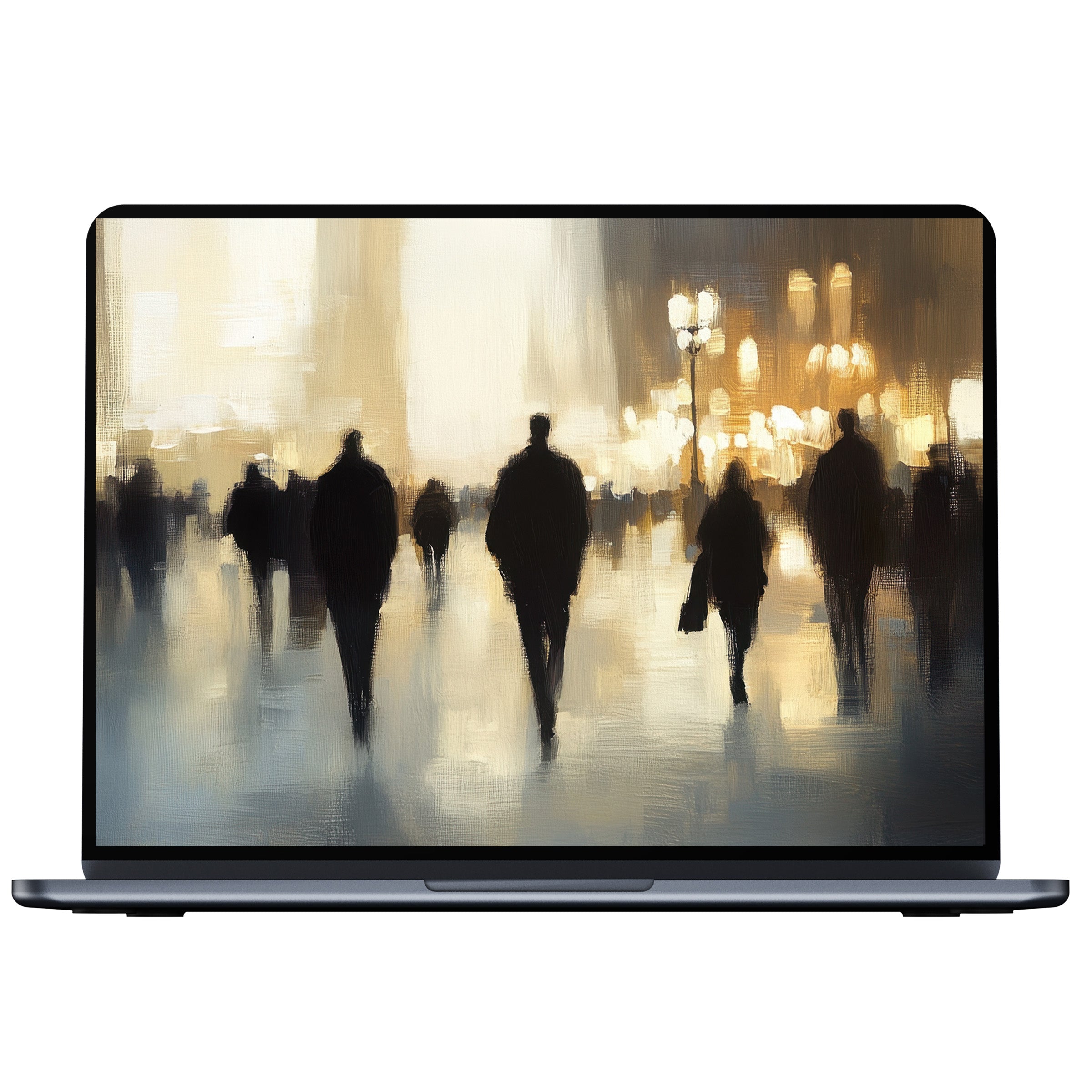 Urban art desktop wallpaper with serene silhouettes and warm lights offers a calm, inspiring digital download for PC, Laptop, and Mac