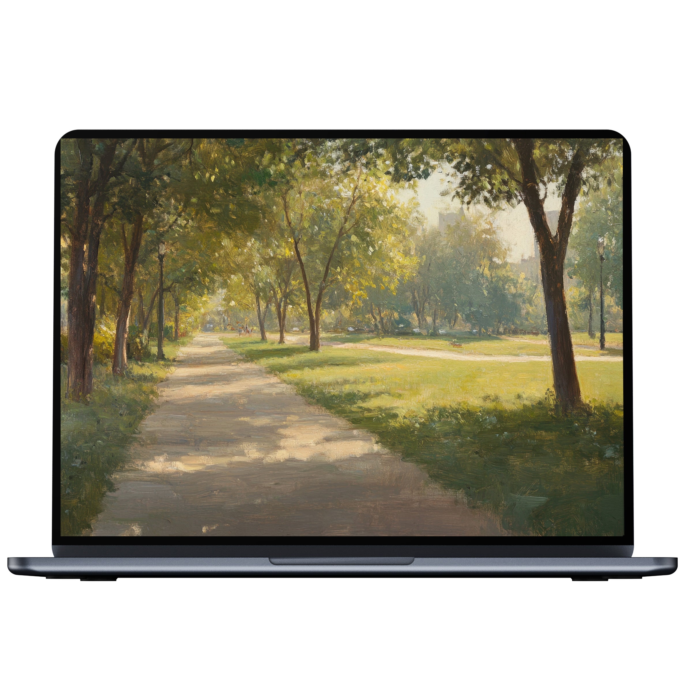 Serene urban art desktop wallpaper for digital download features a sunlit park path painting offering peace on PC and laptop screens