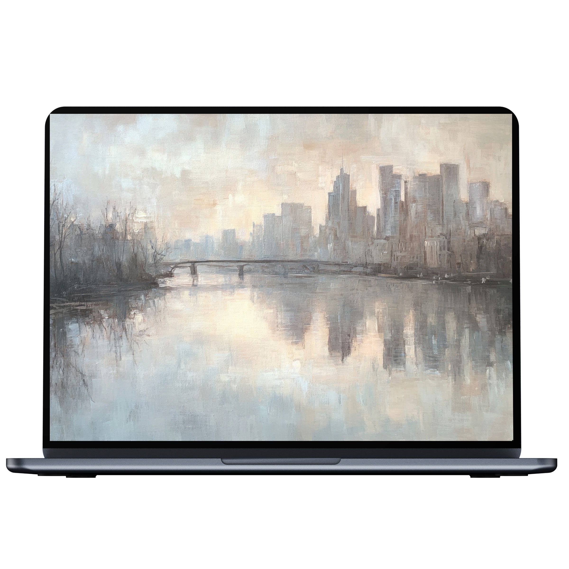 Urban art desktop wallpaper featuring serene cityscape in soft tones reflecting on a calm river for PC, laptop digital download