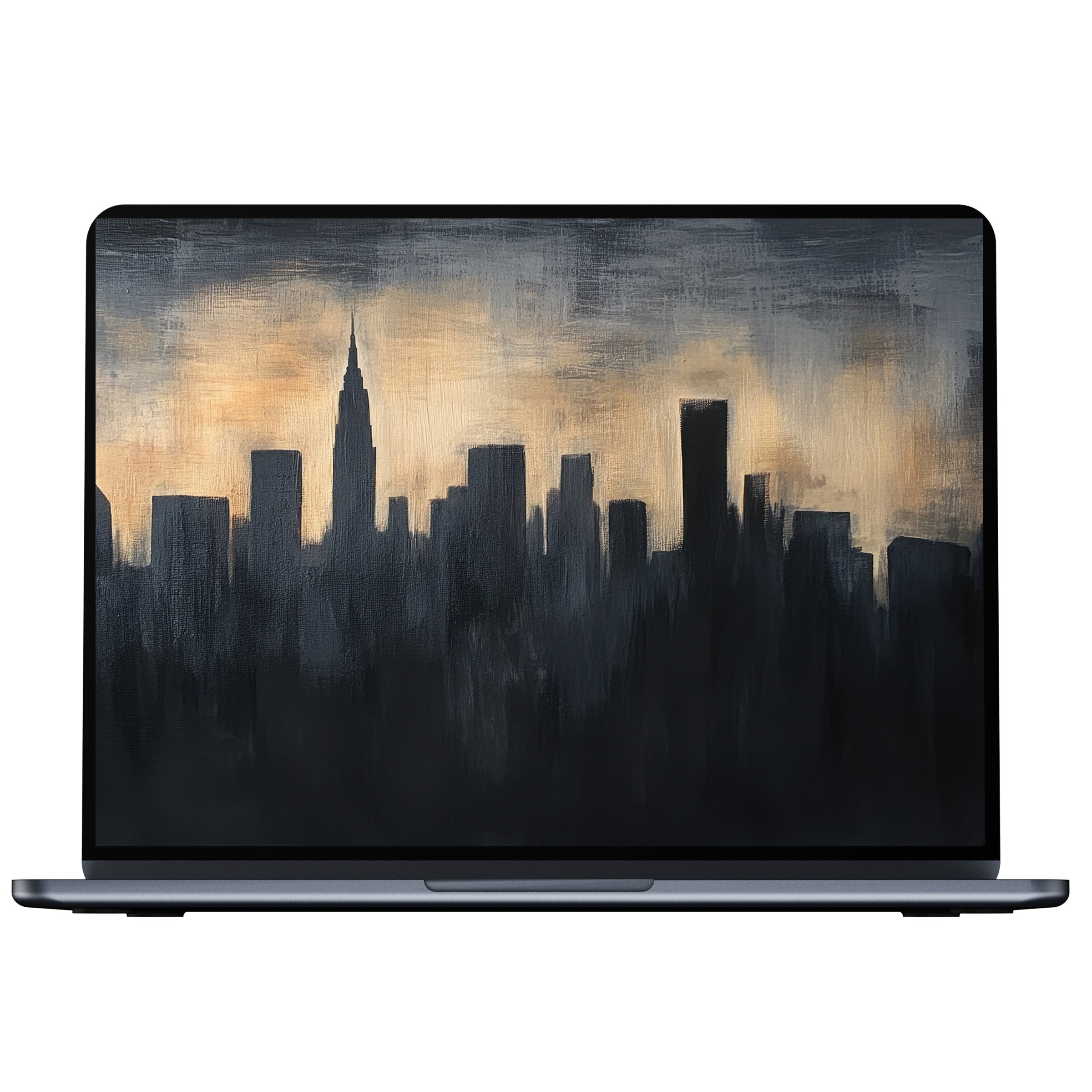 Elegant urban art desktop wallpaper featuring a serene skyline painting with gray tones and warm highlights for PC or laptop digital download