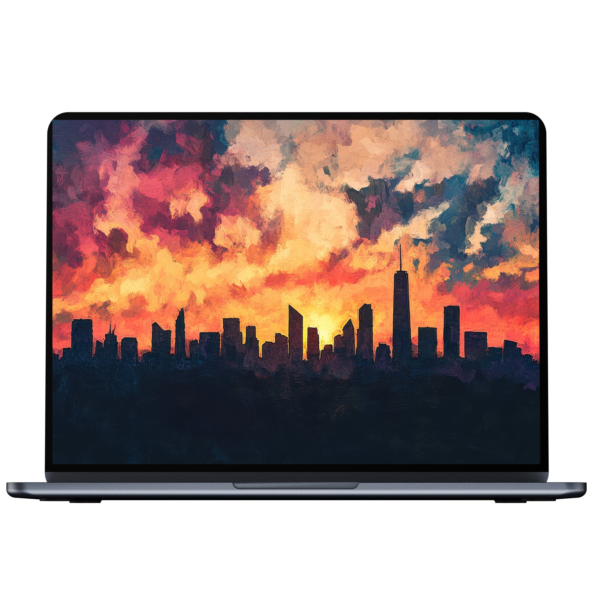 Vibrant urban art desktop wallpaper with a sunset skyline inspires calm and elegance, suitable for PC, laptop, digital download