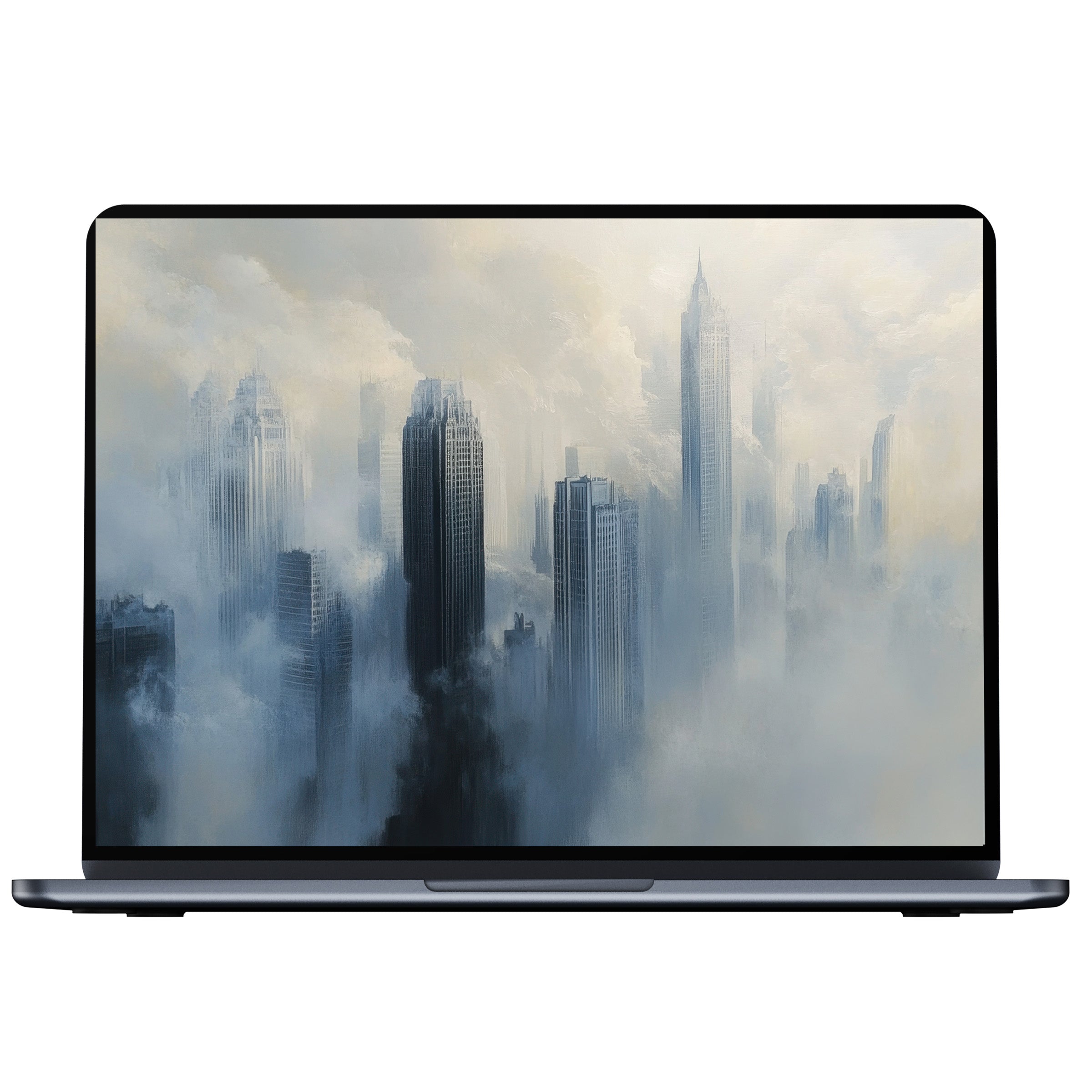 Urban art desktop wallpaper featuring ethereal skyscrapers in misty tones for PC and laptop digital download inspiring calm elegance