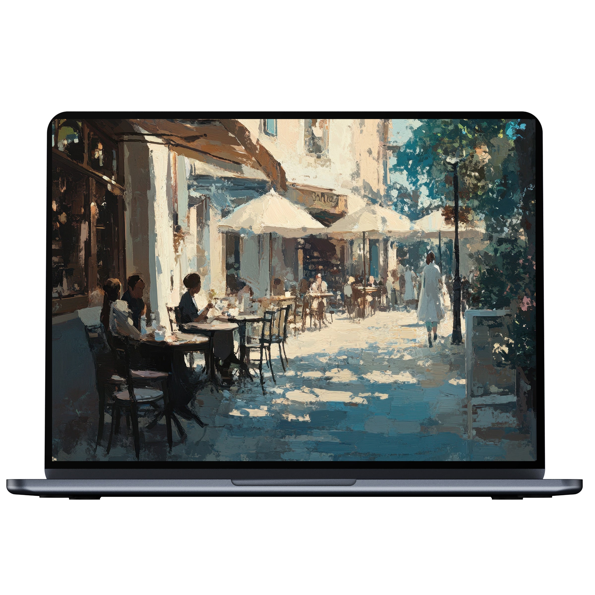 Elegant urban art desktop wallpaper featuring a serene café scene in soft tones for digital download on PC, Laptop, or Mac