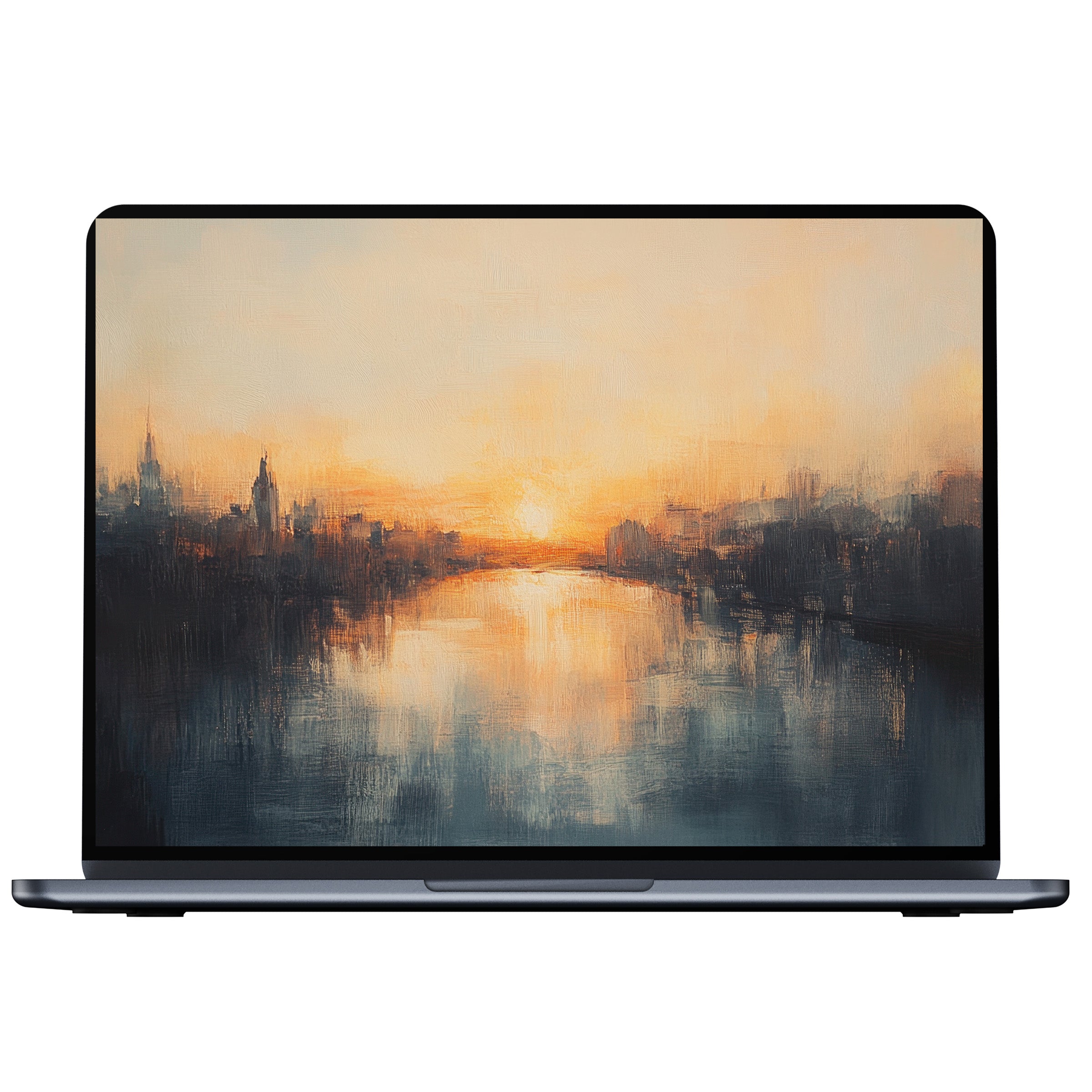 Urban art desktop wallpaper digital download featuring a serene sunset cityscape in soft hues fits PC, Laptop, and Mac displays