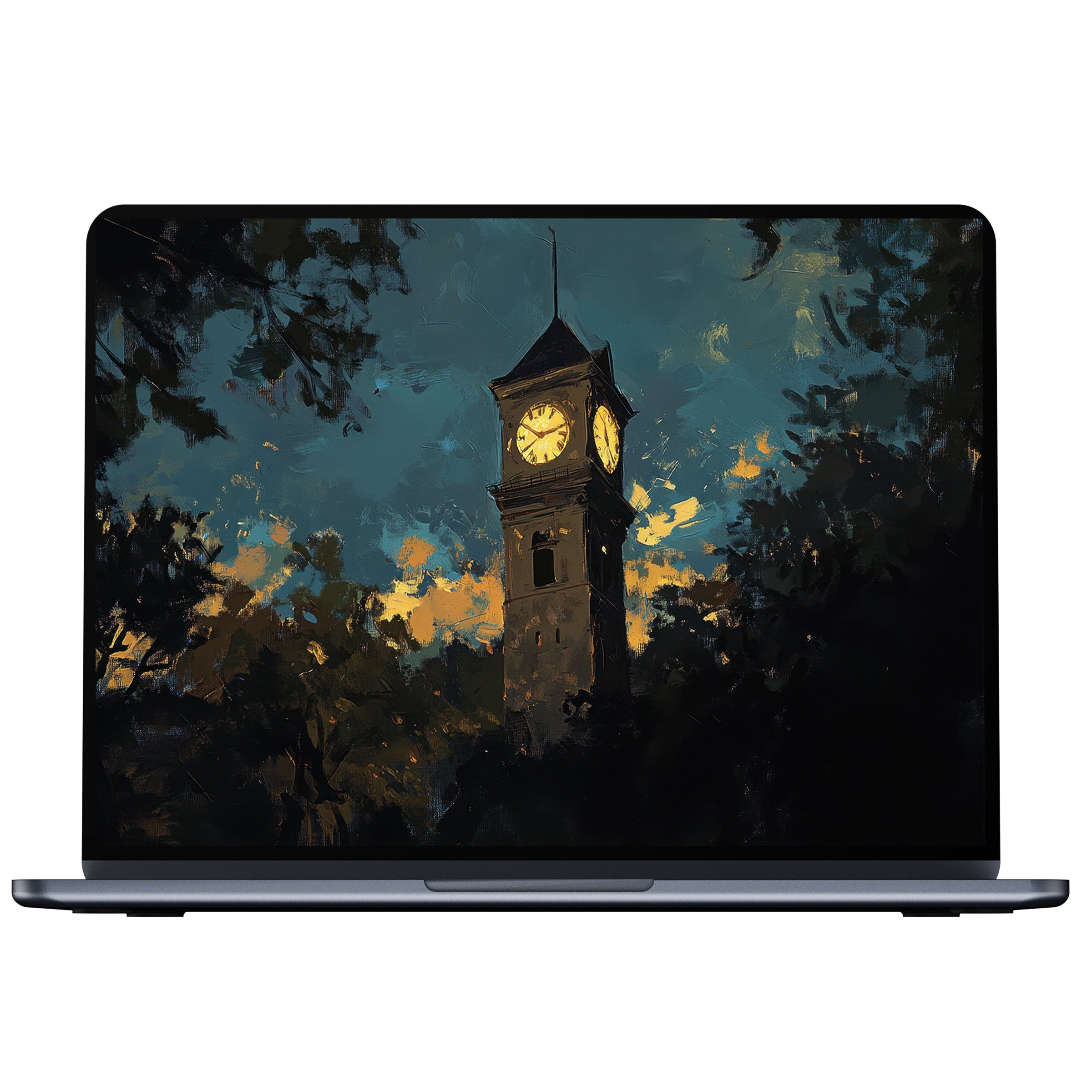 Urban art desktop wallpaper with a serene sunset clock tower, digital download for PC and laptop, inspiring calm elegance