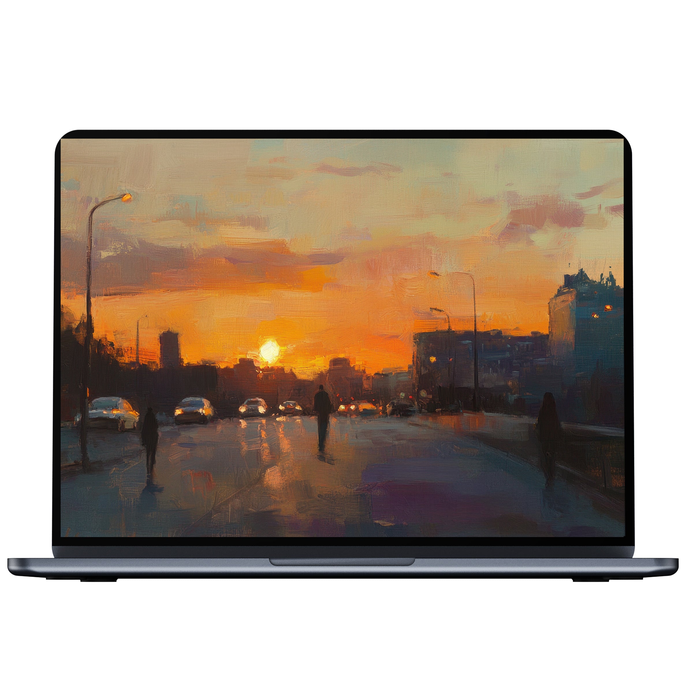 Urban art desktop wallpaper featuring a serene sunset over a city street, perfect digital download for PC or laptop ambiance