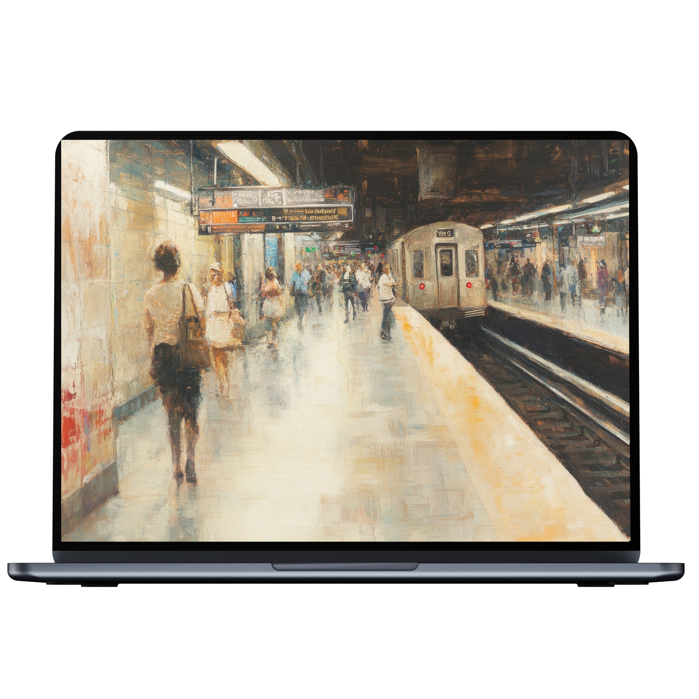 Urban art desktop wallpaper showcasing an elegant subway scene, inspiring calm and mindfulness, ideal for PC and laptop digital download