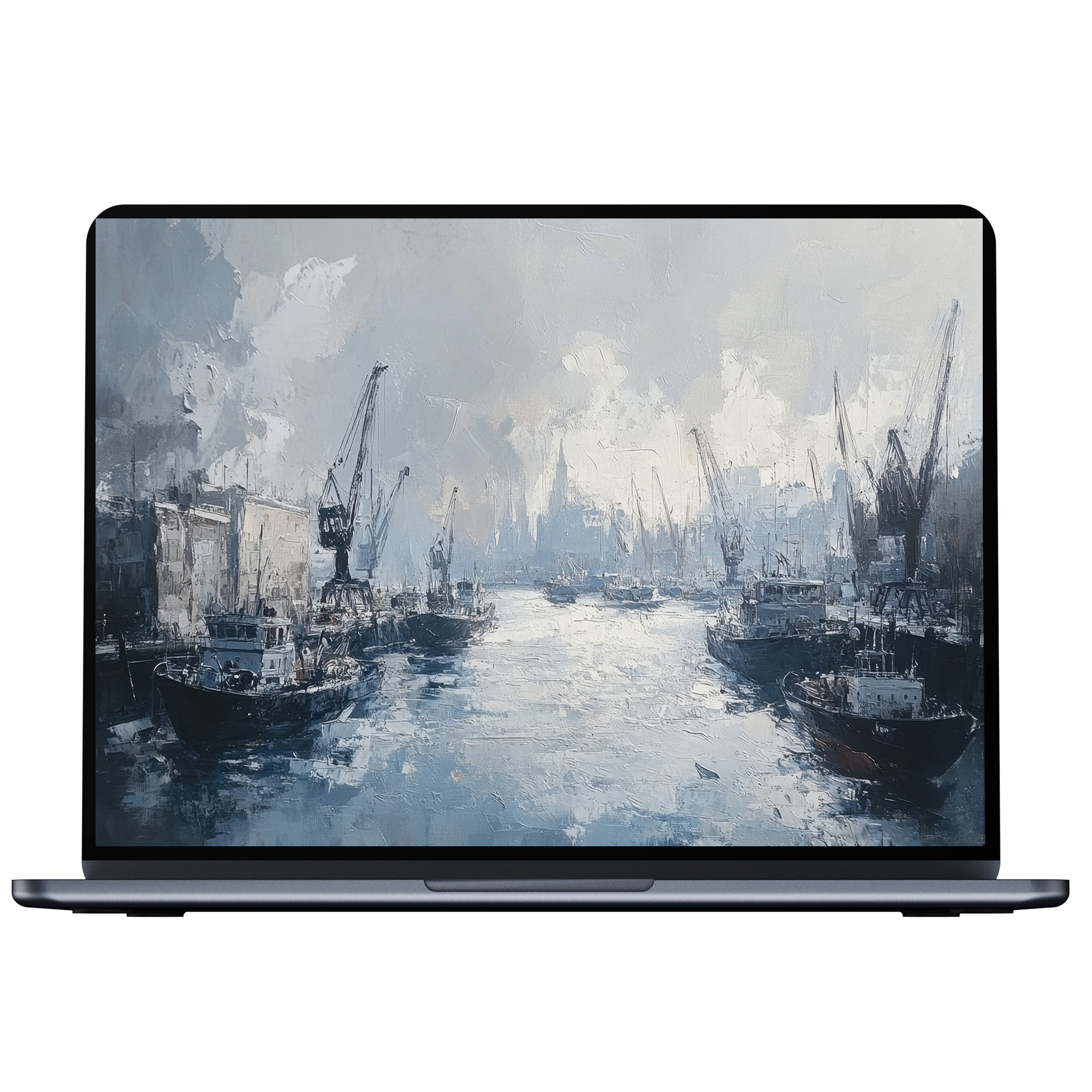 Urban art desktop wallpaper featuring serene harbor scene in soft blues and grays ideal for digital download on PC and laptop