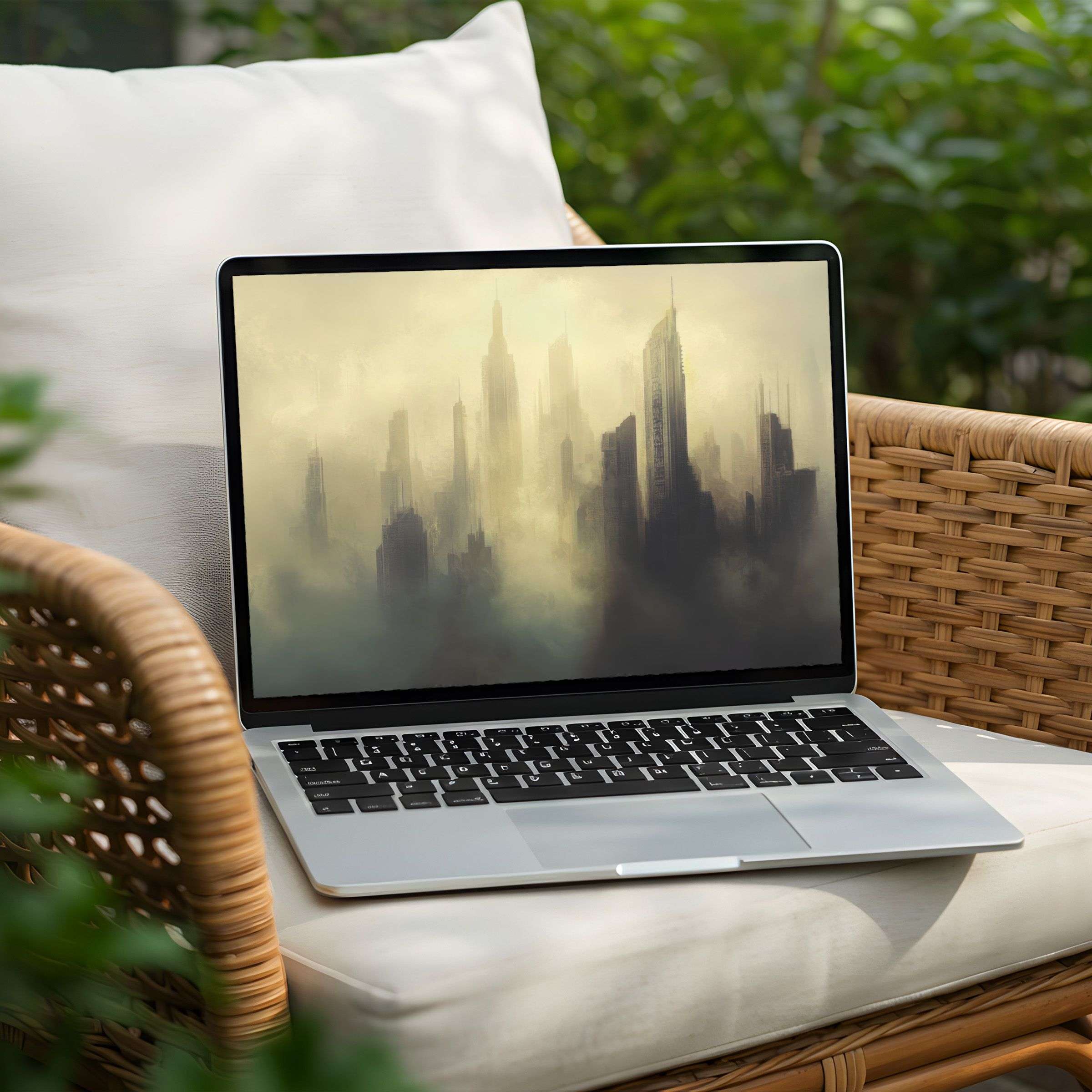 Stunning desktop background digital art featuring misty skyscrapers for PC or Laptop instant download inspires calm and mindfulness